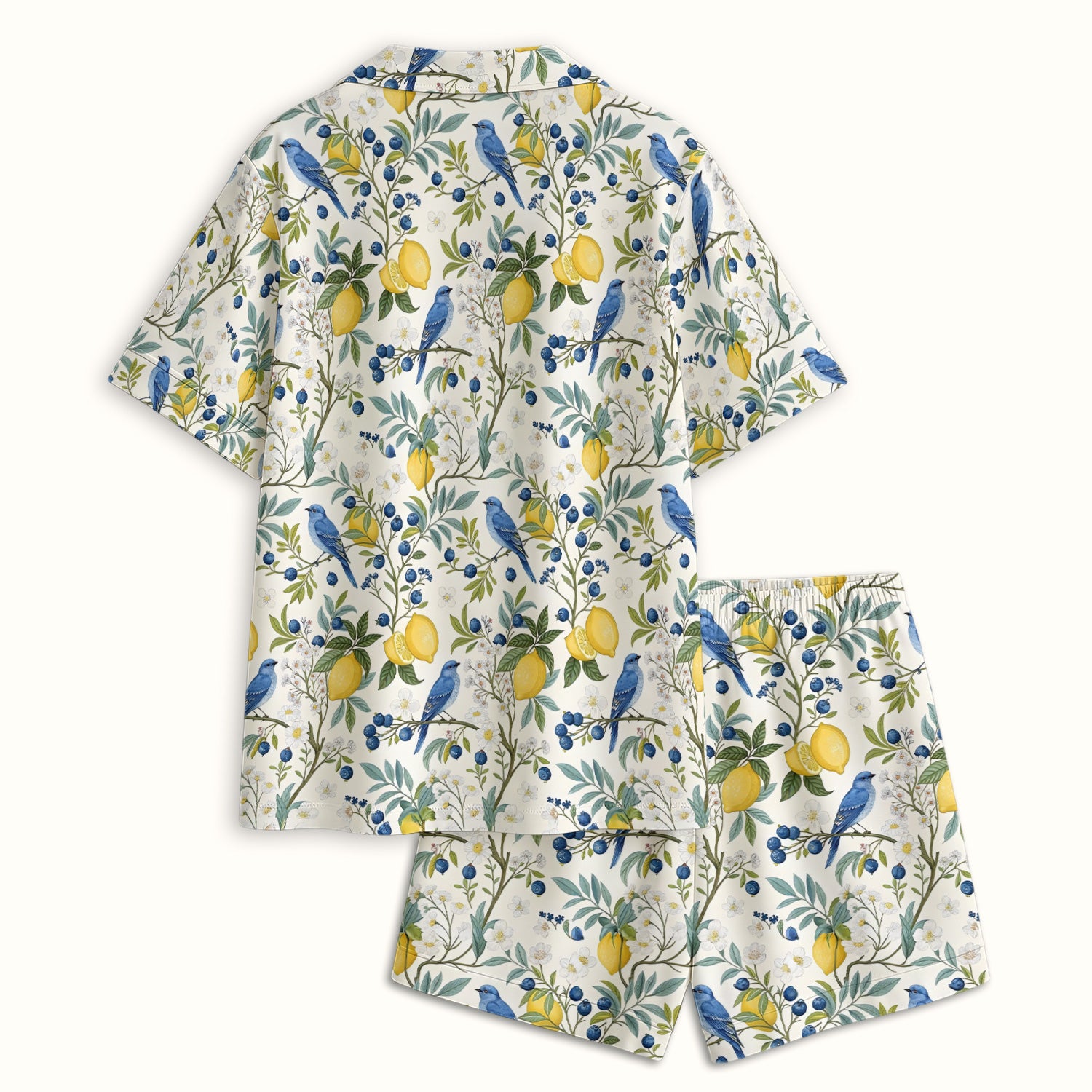 Cute Bluebird Lemon Berry Pattern Pajama Set, Soft Breathable Fabric Comfortable Sleepwear