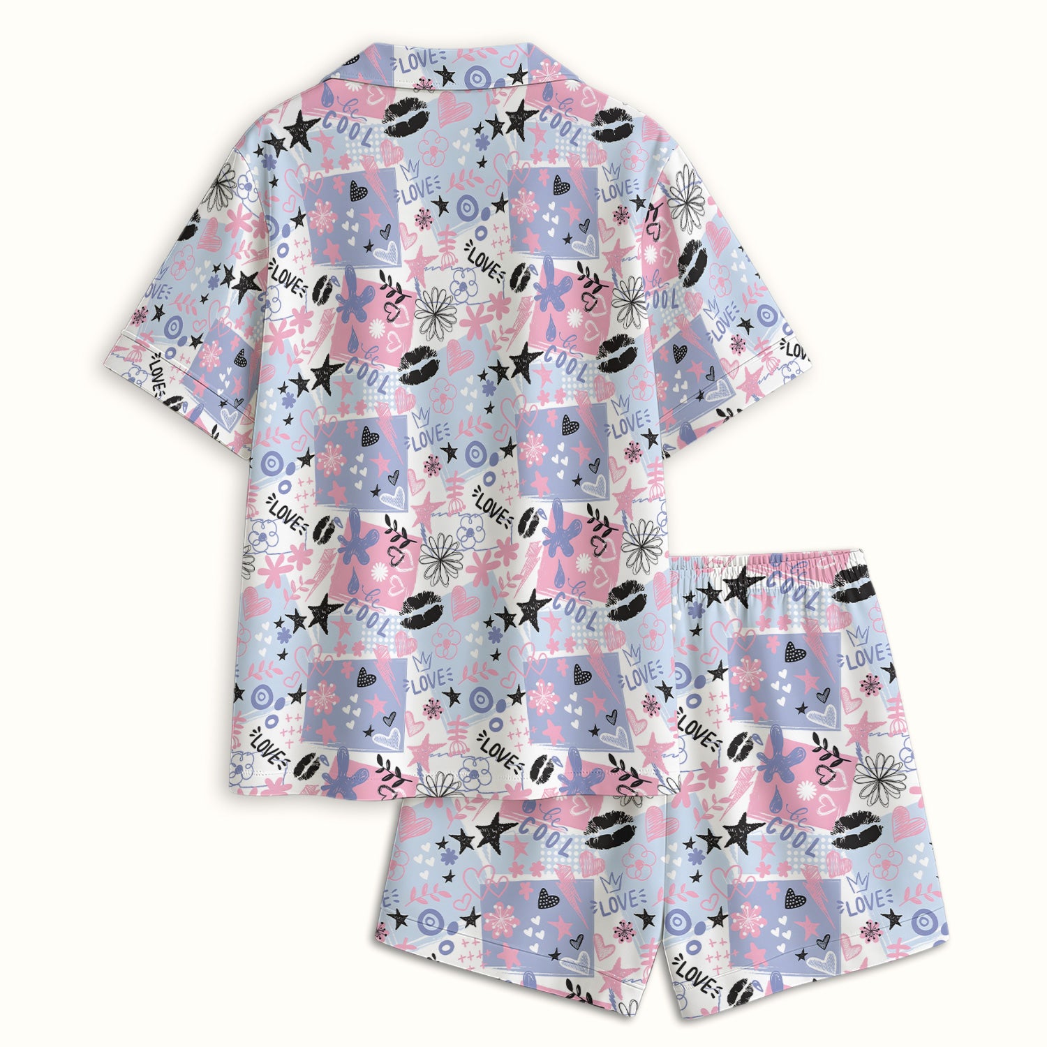 Cute Love Hearts Doodle Print Pajama Set, Soft Breathable Fabric Comfortable Sleepwear