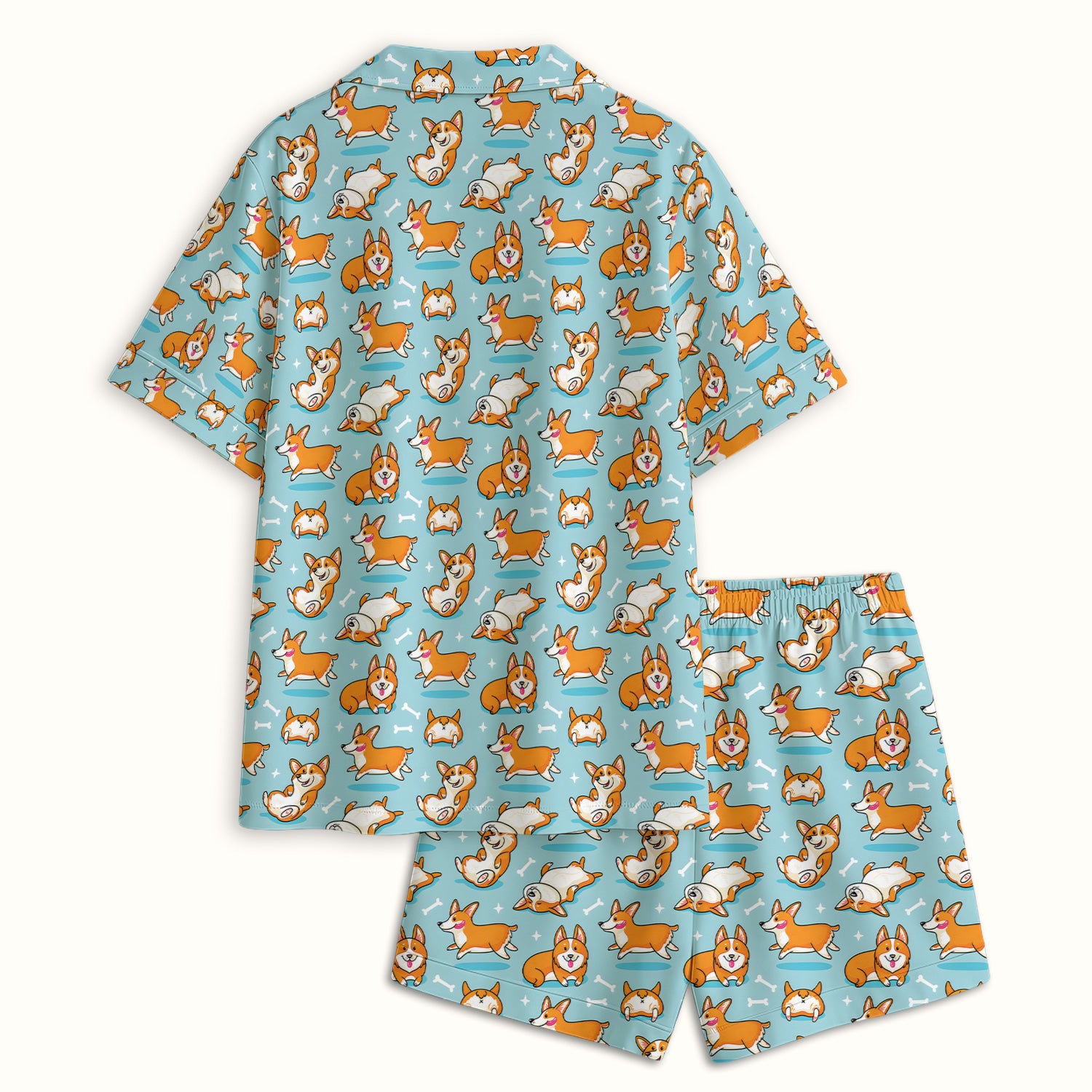 Corgi Dog Playing Rolling Bone Pattern Pajama Set, Breathable Fabrics Uniform