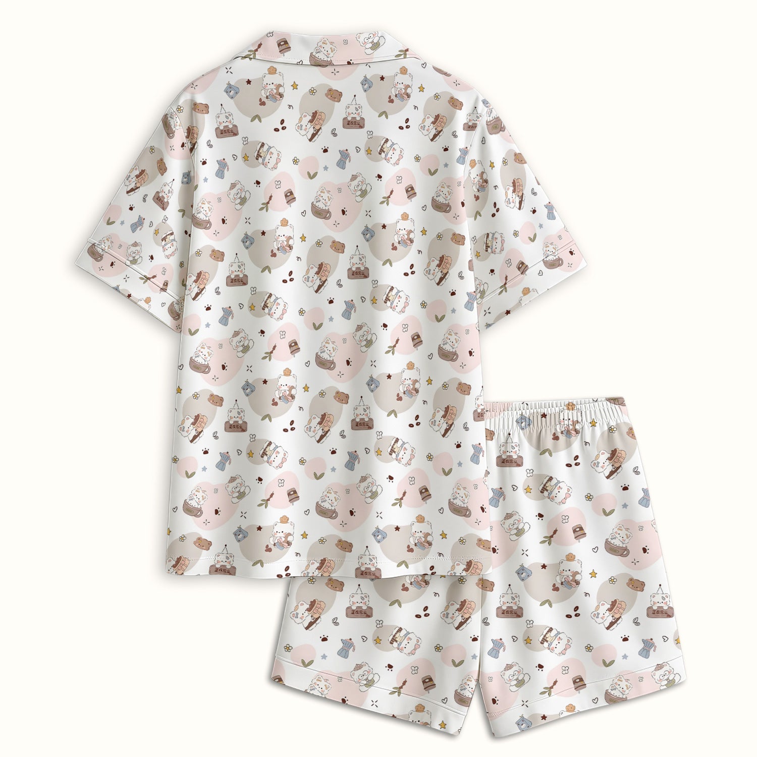 Cute Cat With Coffee Paw Heart Pattern Pajama Set, Soft Breathable Fabric Comfortable Sleepwear