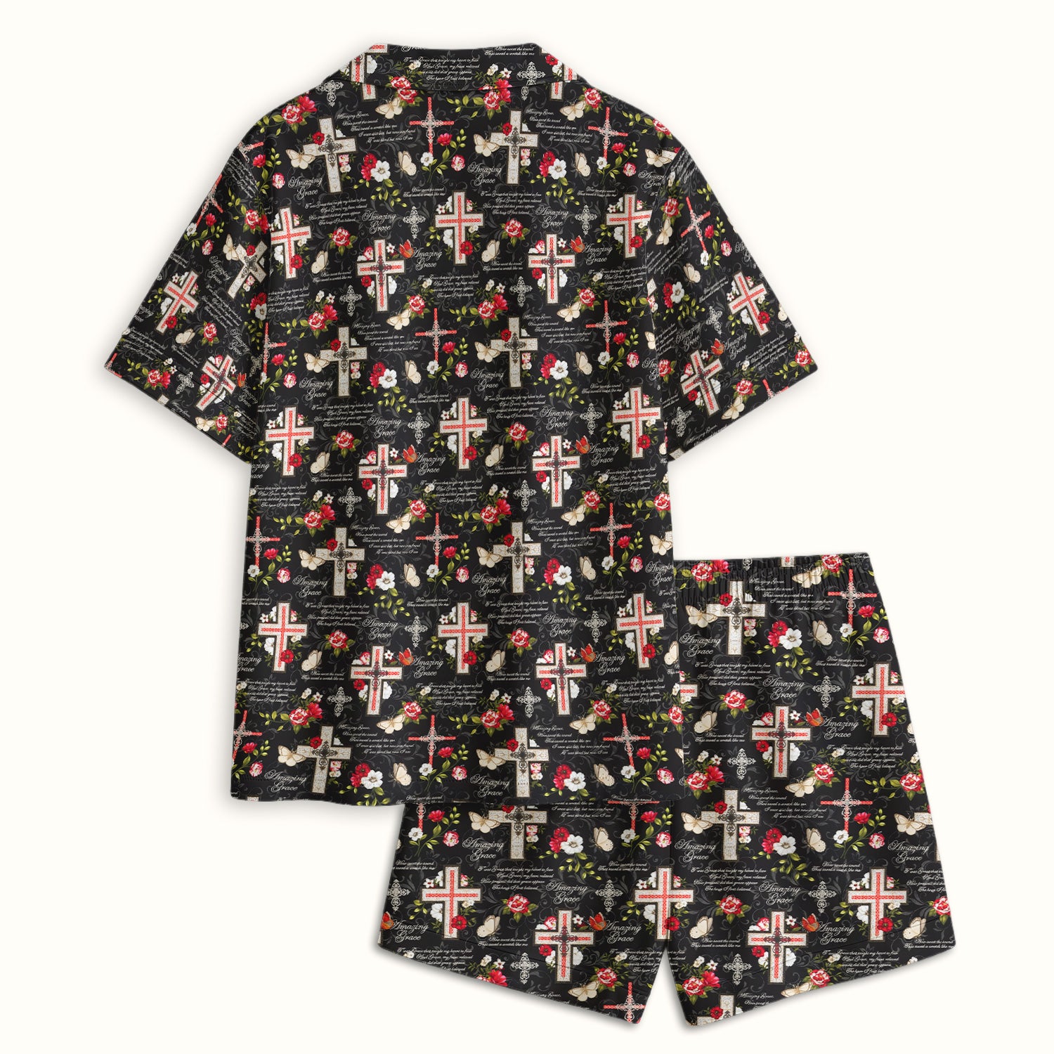 Christian Cross Roses And Butterflies Print Pajama Set, Soft Breathable Fabric Comfortable Sleepwear