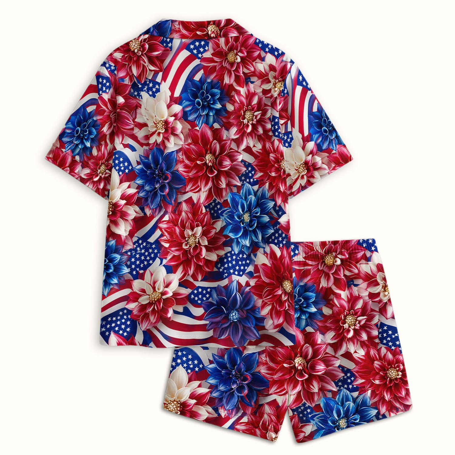 Festive Patriotic Floral Flag Pattern Pajama Set, Soft Breathable Fabric Comfortable Sleepwear