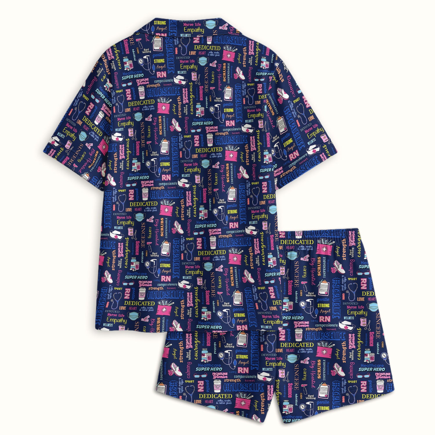 Colorful Nurse Life Typography Print Pajama Set, Soft Breathable Fabric Comfortable Sleepwear