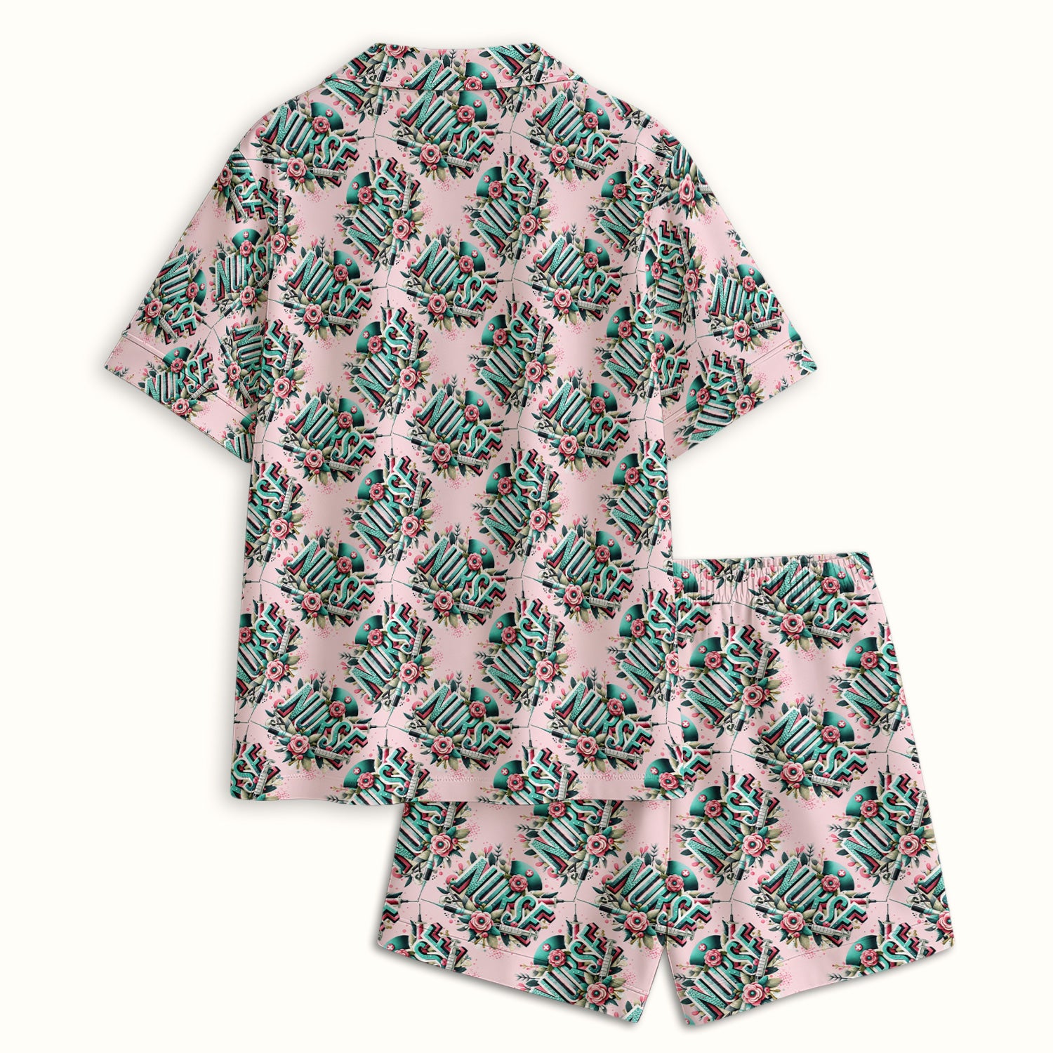 Cute Nurse Typography Floral Medical Pattern Pajama Set, Soft Breathable Fabric Comfortable Sleepwear