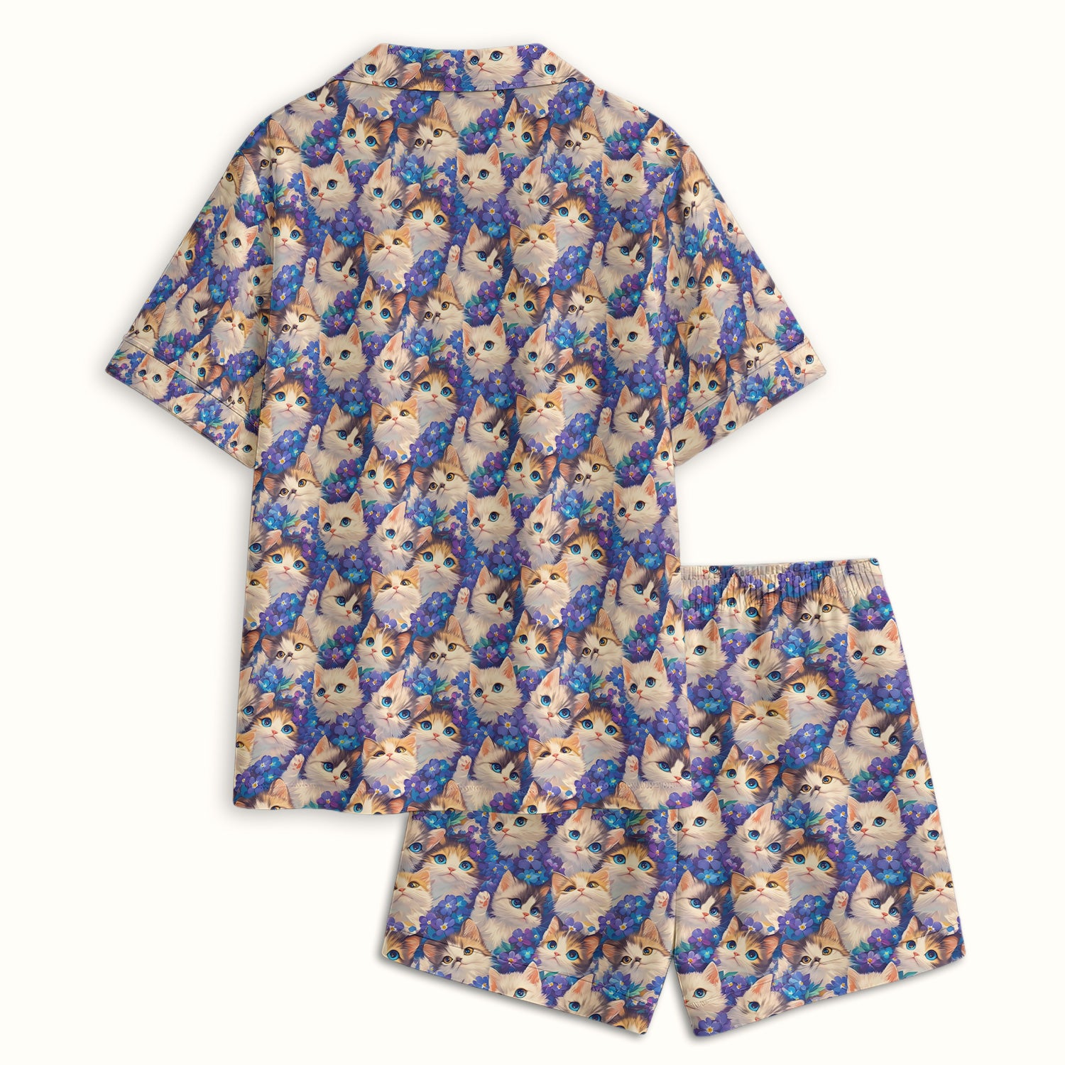 Cute Blue Eyed Kitten Pattern Pajama Set, Soft Breathable Fabric Comfortable Sleepwear
