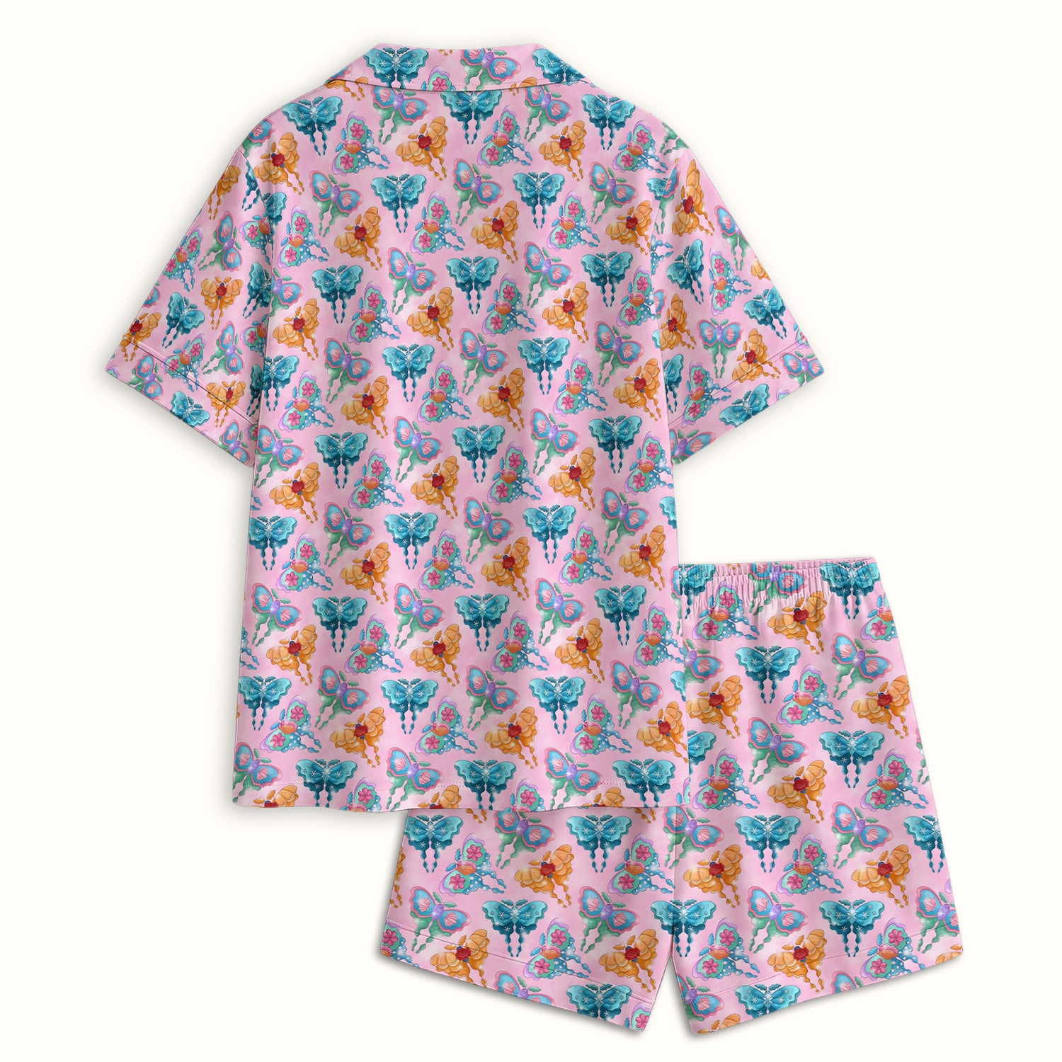 Colorful Butterfly With Floral Blossom Pattern Pajama Set, Soft Breathable Fabric Comfortable Sleepwear