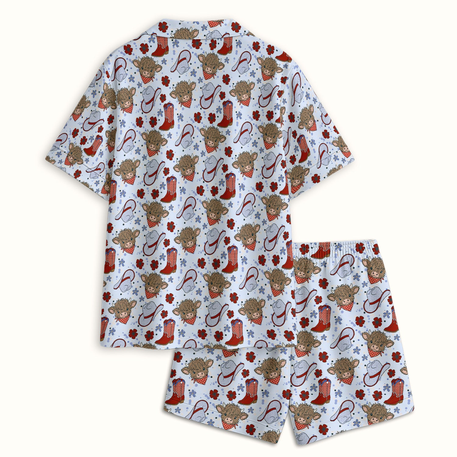 Cute Highland Cow Cowboy Boots Pattern Pajama Set, Soft Breathable Fabric Comfortable Sleepwear