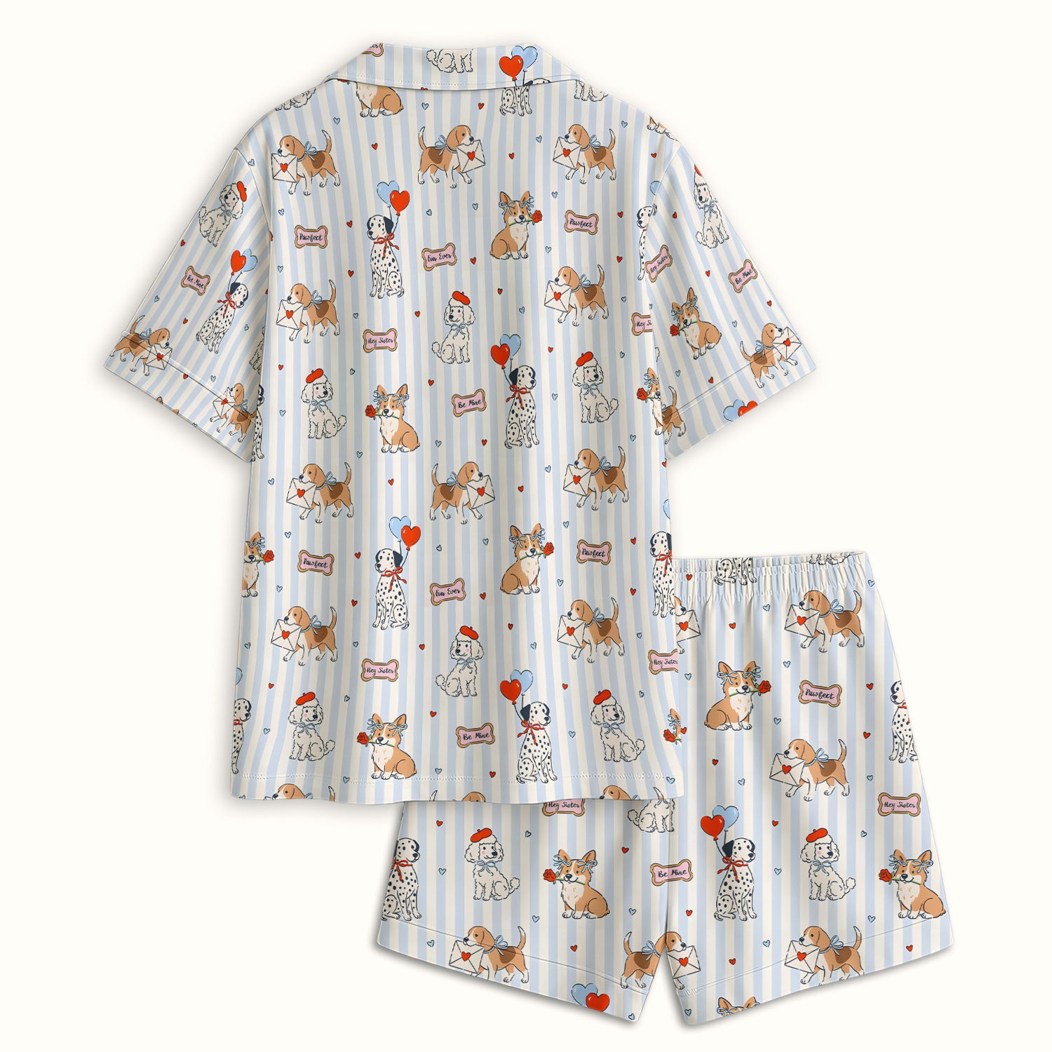 Valentine Puppy Heart Pattern Pajama Set, Soft Breathable Fabric Comfortable Sleepwear