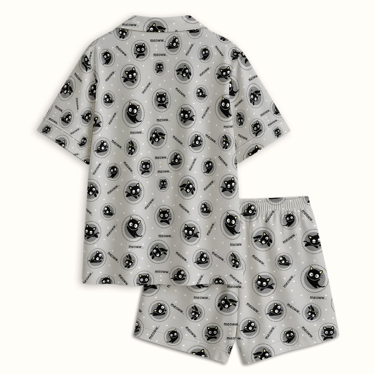 Funny Black Cat Meow Pattern Pajama Set, Soft Breathable Fabric Comfortable Sleepwear