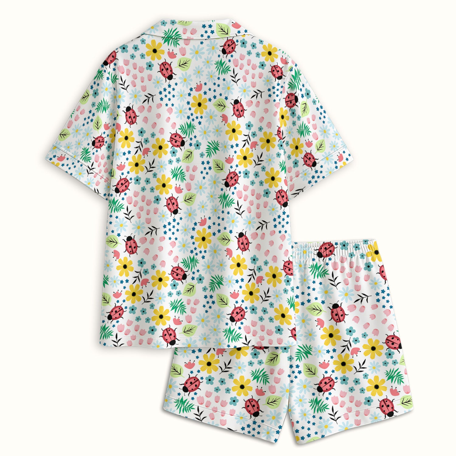 Cute Ladybug Floral Garden Print Pajama Set, Soft Breathable Fabric Comfortable Sleepwear