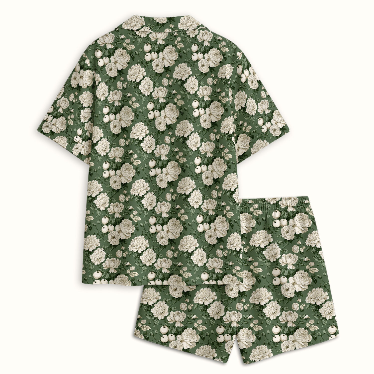 Elegant White Rose Garden Pattern Pajama Set, Soft Breathable Fabric Comfortable Sleepwear