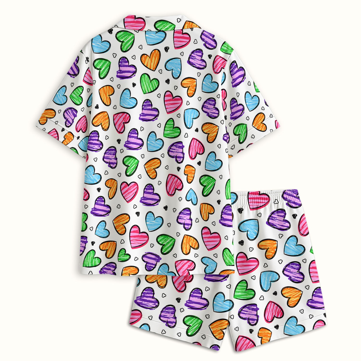 Colorful Doodle Heart Pattern Pajama Set, Soft Breathable Fabric Comfortable Sleepwear