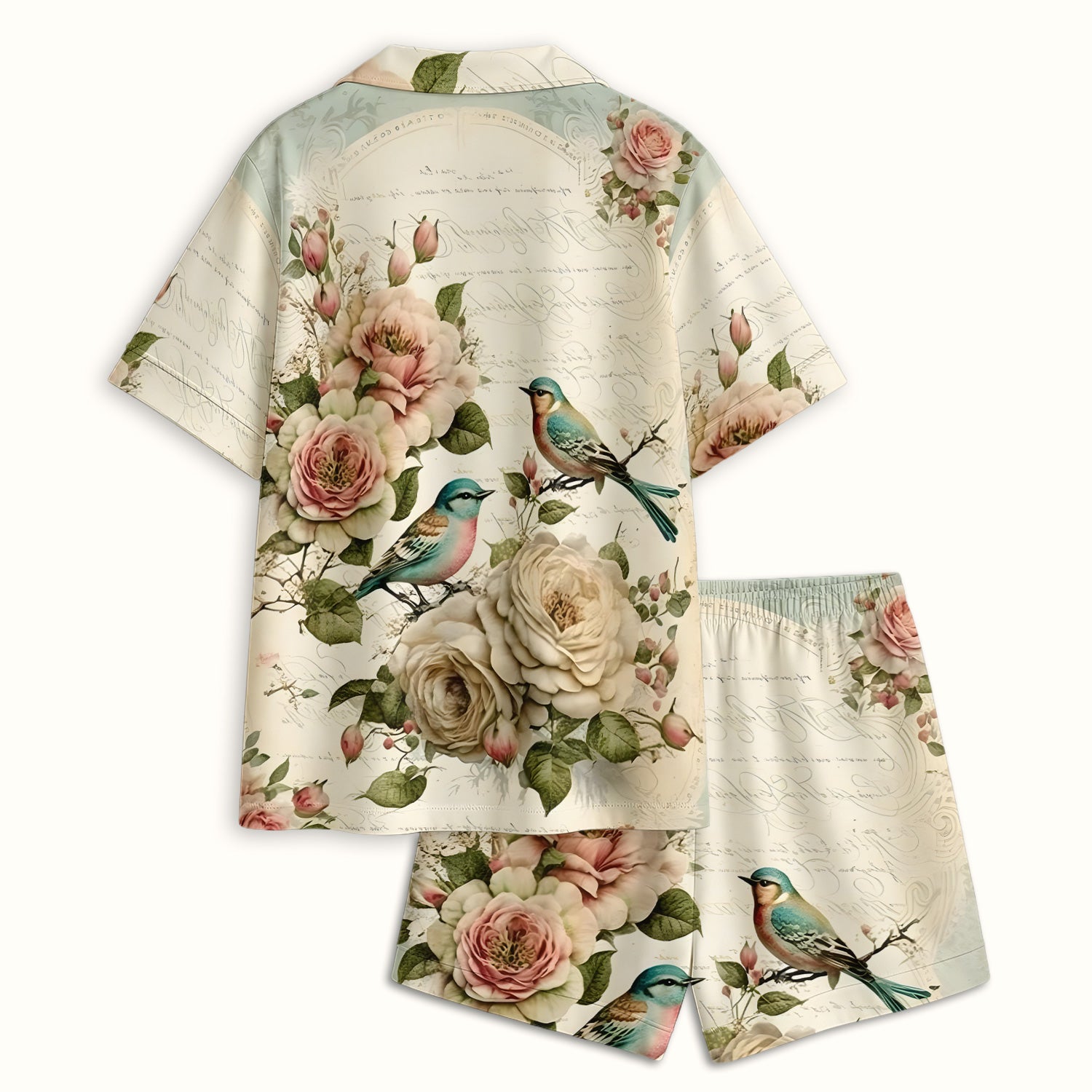 Vintage Birds Rose Pattern Pajama Set, Soft Breathable Fabric Comfortable Sleepwear