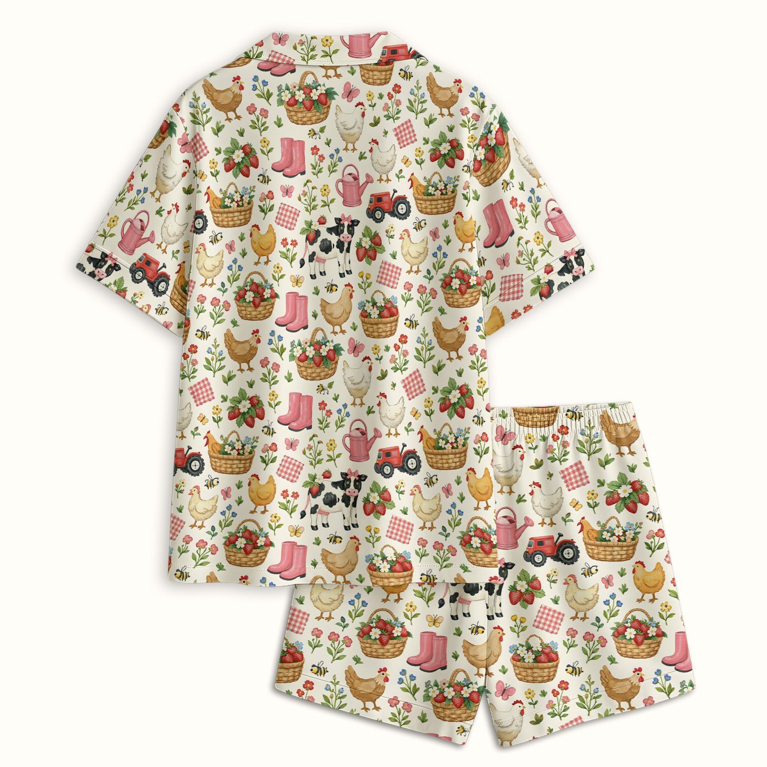 Whimsical Farm Animals Garden Pattern Pajama Set, Breathable Fabrics Uniform