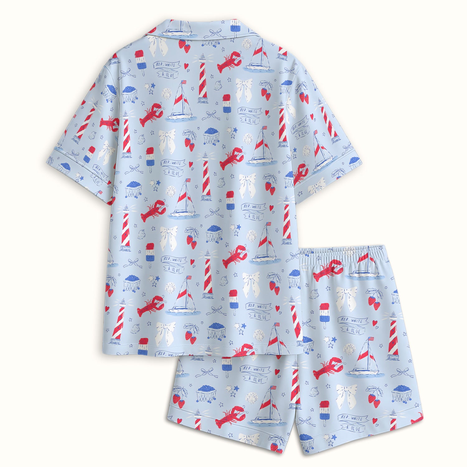 Lobster Lighthouse Sailboat Pattern Pajama Set, Soft Breathable Fabric Comfortable Sleepwear
