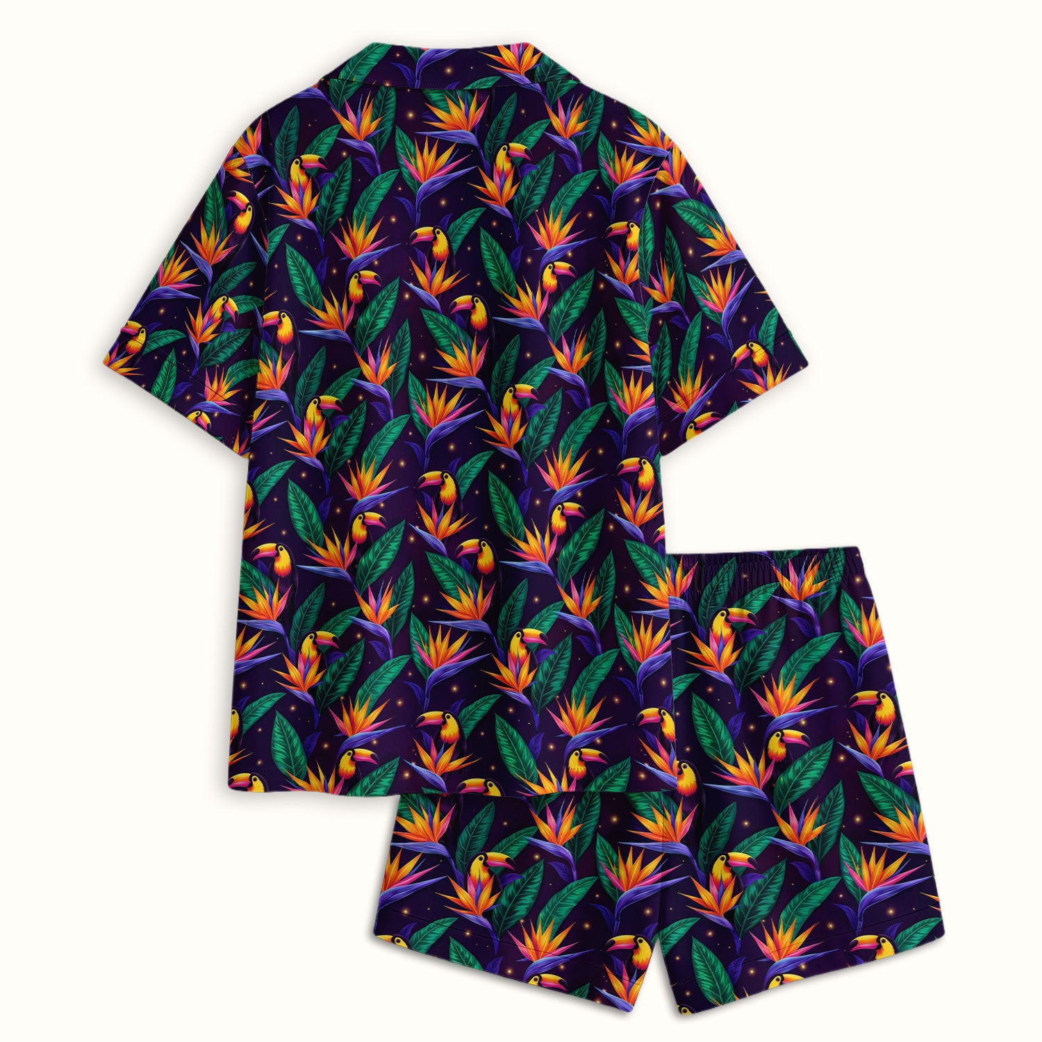 Tropical Toucan Bird Paradise Leaves Pattern Pajama Set, Soft Breathable Fabric Comfortable Sleepwear
