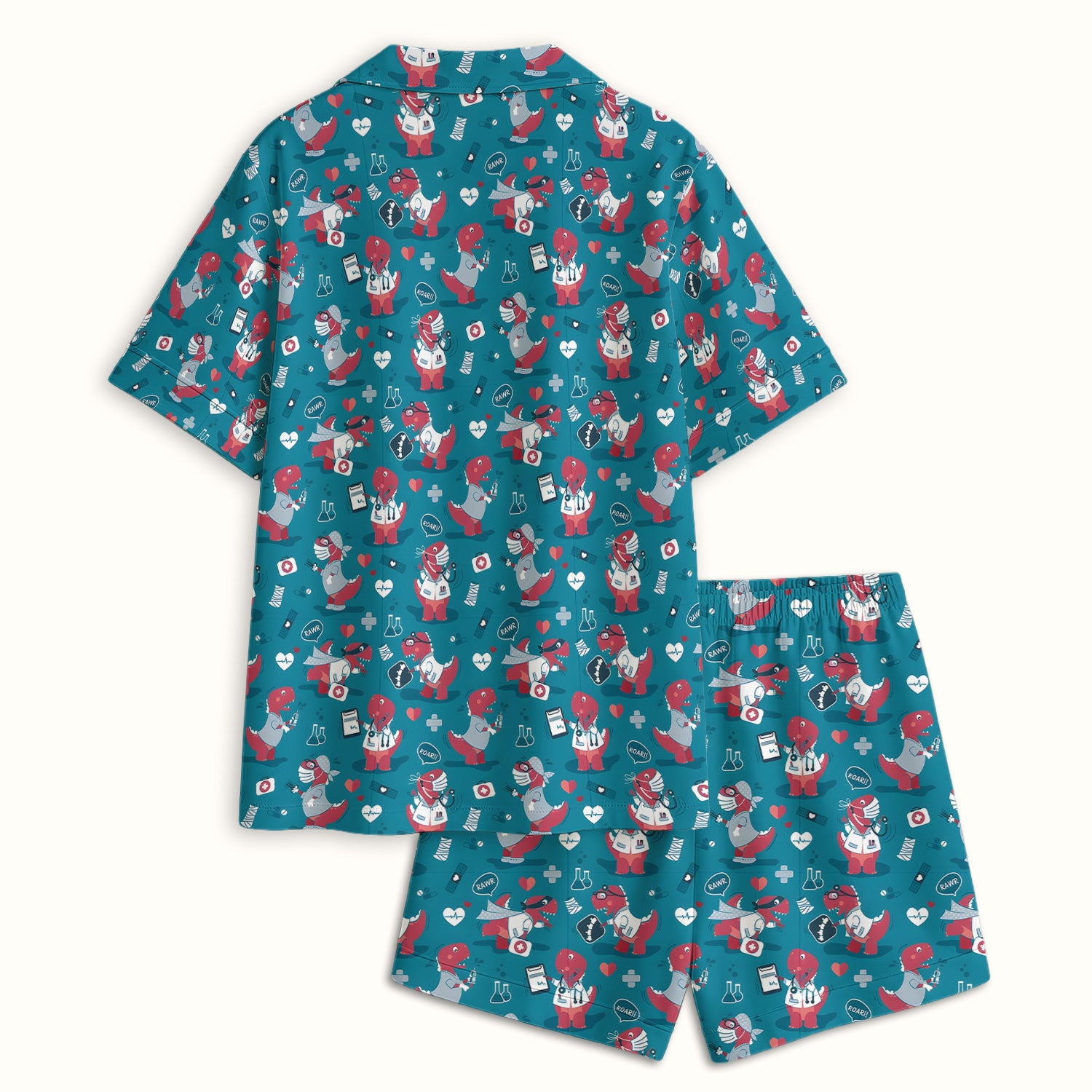 Cute Dinosaur Doctor Medical Pattern Pajama Set, Breathable Fabrics Uniform