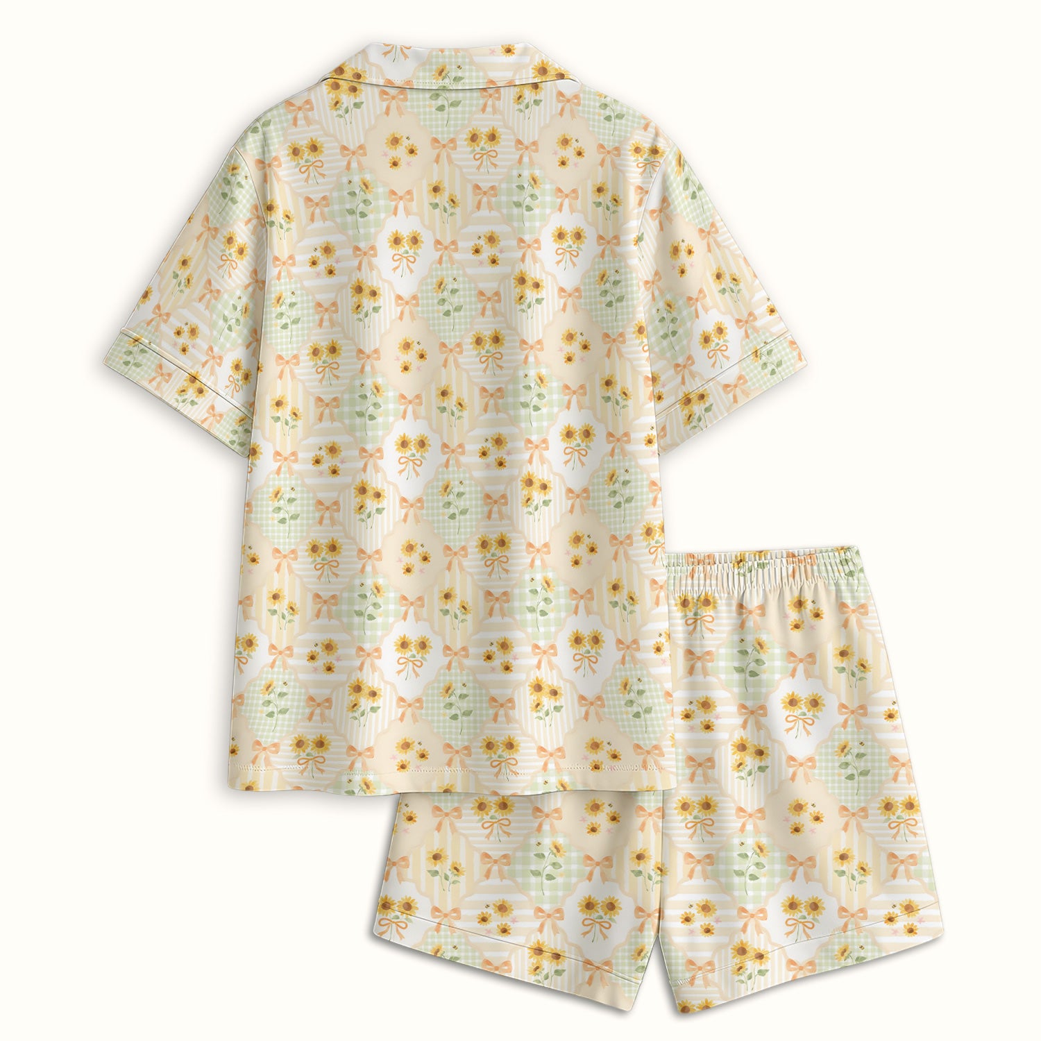 Cute Sunflower Ribbon Patchwork Pattern Pajama Set, Soft Breathable Fabric Comfortable Sleepwear