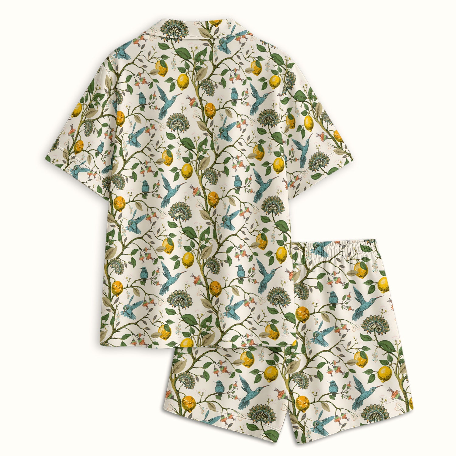Cute Hummingbird Lemon Floral Pattern Pajama Set, Soft Breathable Fabric Comfortable Sleepwear