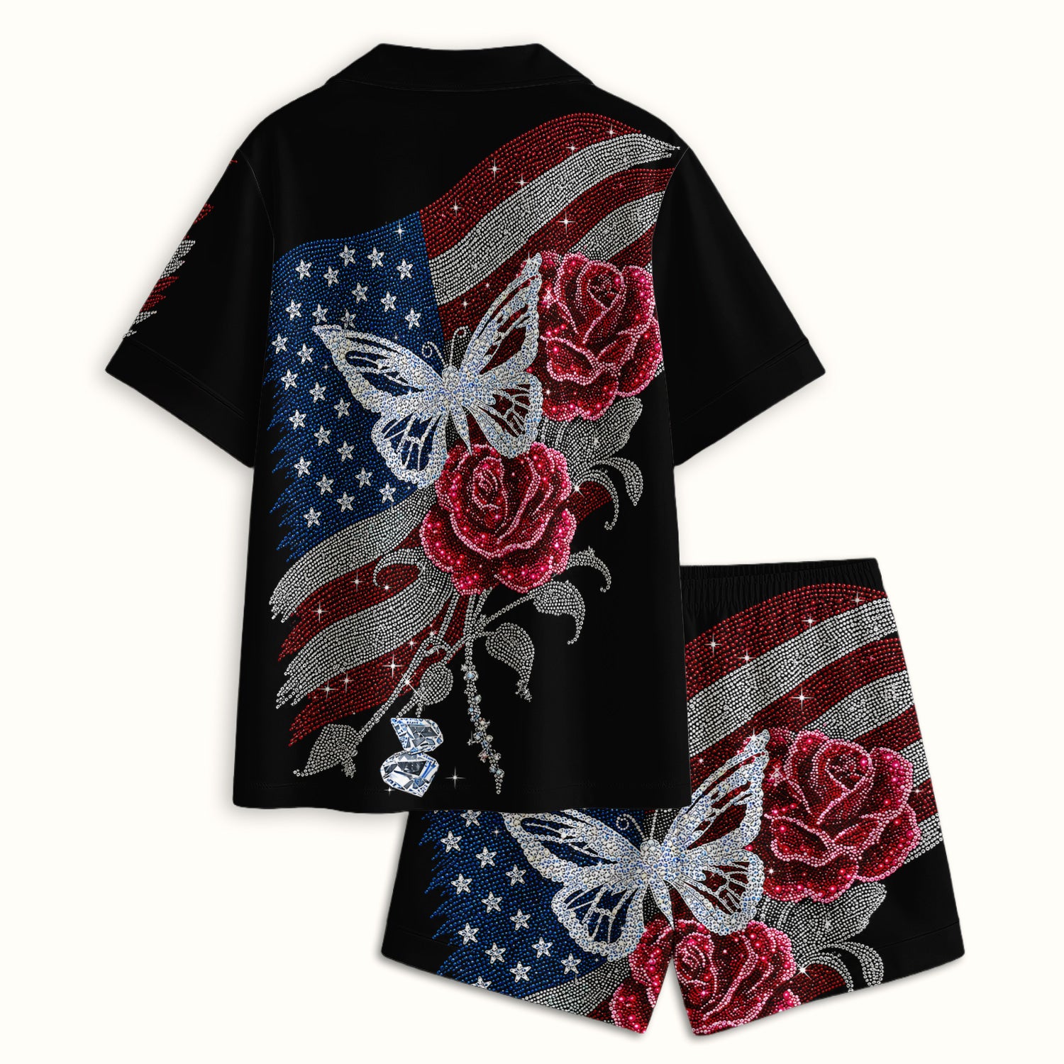 Patriotic Butterfly Rose Flag Print Pajama Set, Soft Breathable Fabric Comfortable Sleepwear