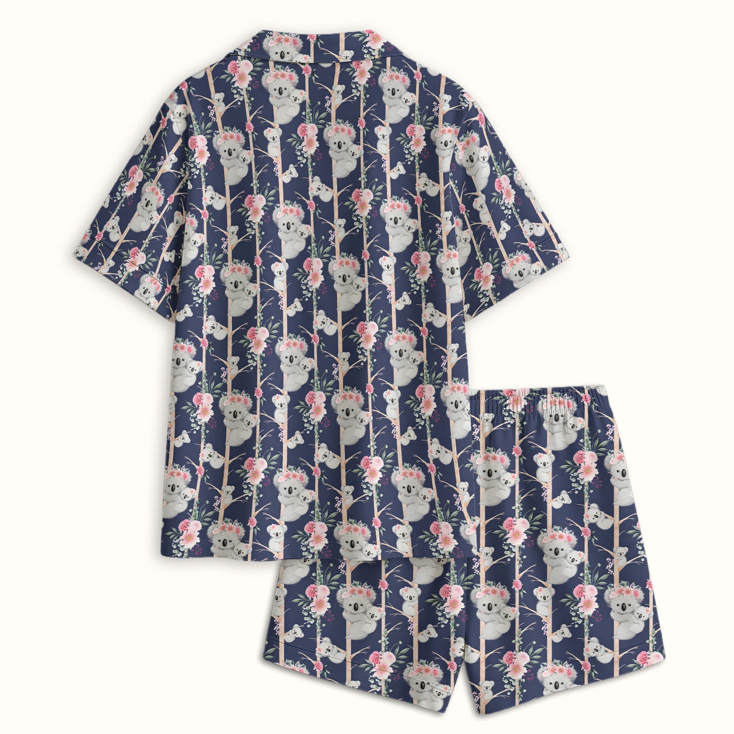Cute Koala Climbing Tree Blossom Pattern Nurse Pajama Set, Soft Breathable Fabric Comfortable Sleepwear