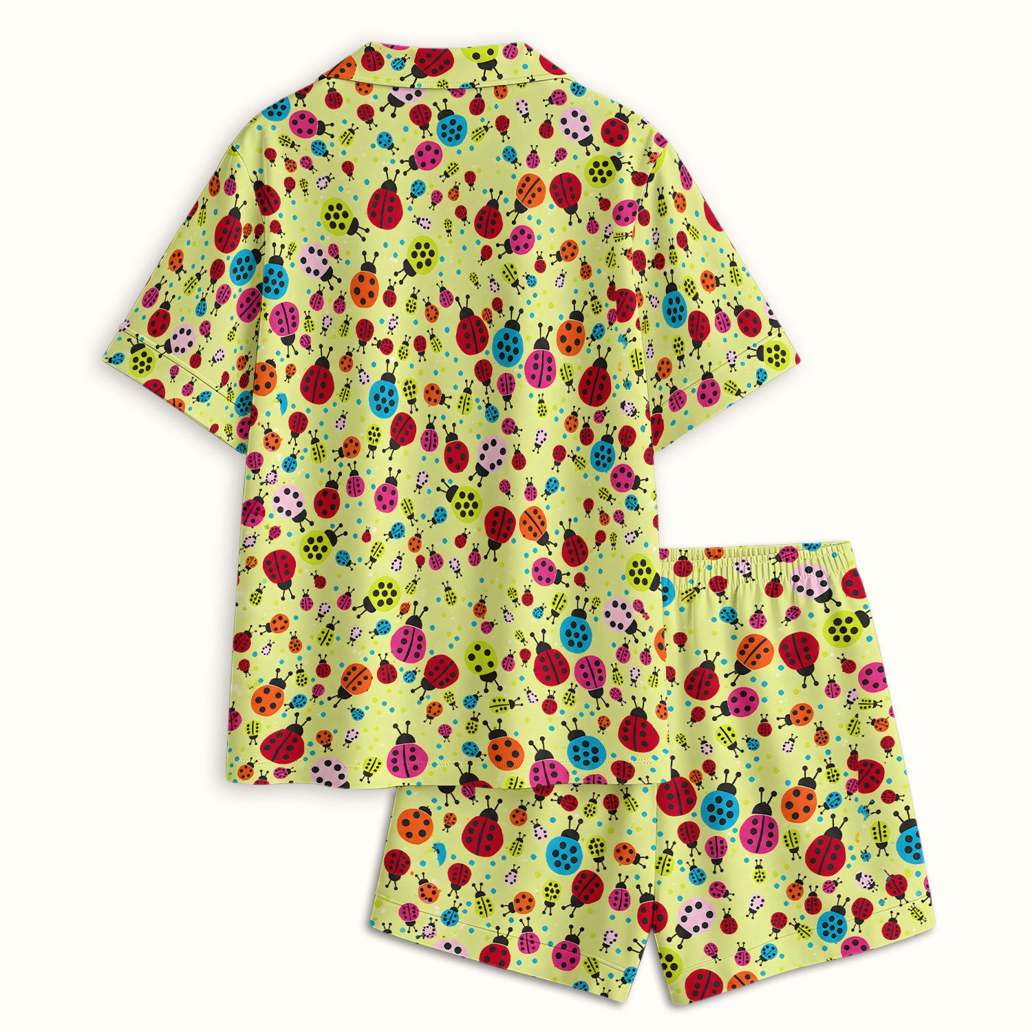 Colorful Ladybug Garden Pattern Pajama Set, Soft Breathable Fabric Comfortable Sleepwear