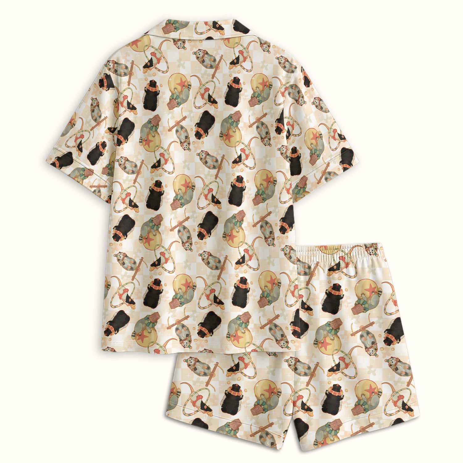 Cute Circus Animal Mouse Acrobat Pattern Pajama Set, Soft Breathable Fabric Comfortable Sleepwear