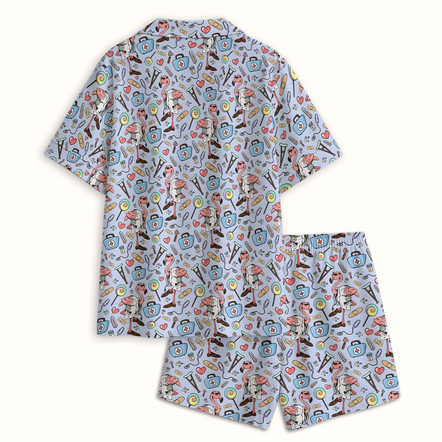 Flamingo Nurse Medical Care Pattern Pajama Set, Breathable Fabrics Uniform