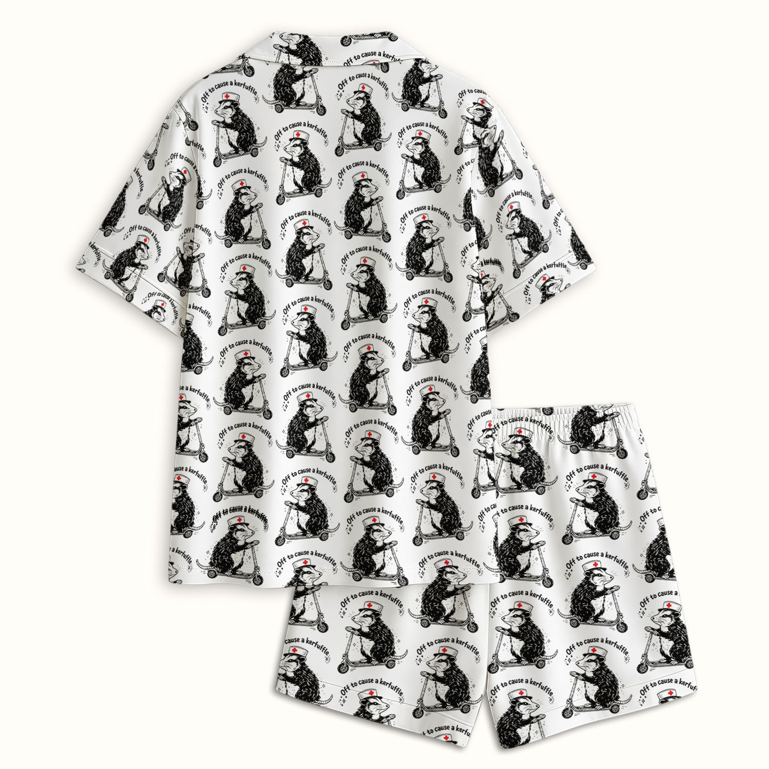 Funny Opossum Nurse Riding Scooter Pattern Pajama Set, Soft Breathable Fabric Comfortable Sleepwear