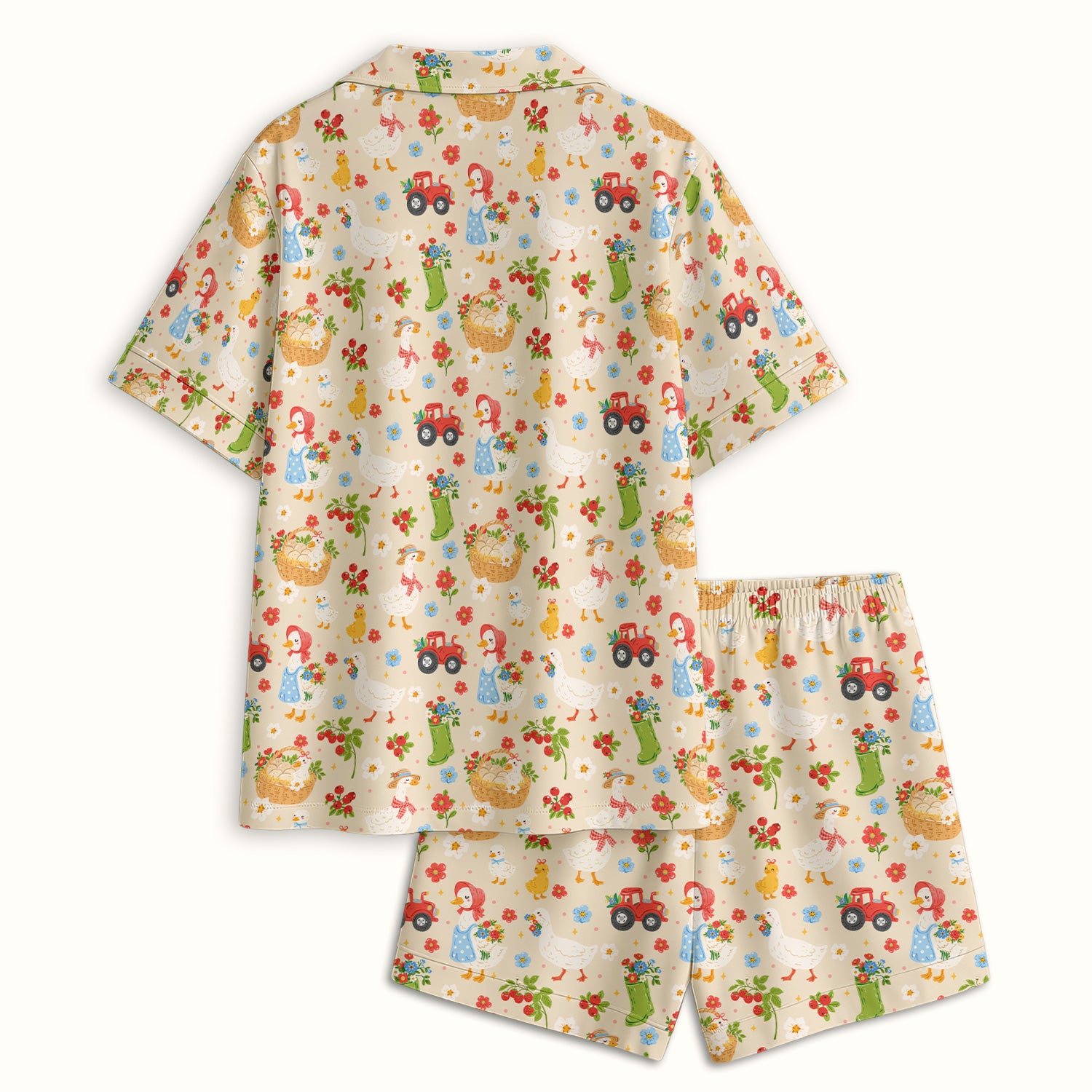 Farm Duck Chicken Tractor Flower Basket Pajama Set, Breathable Fabrics Uniform