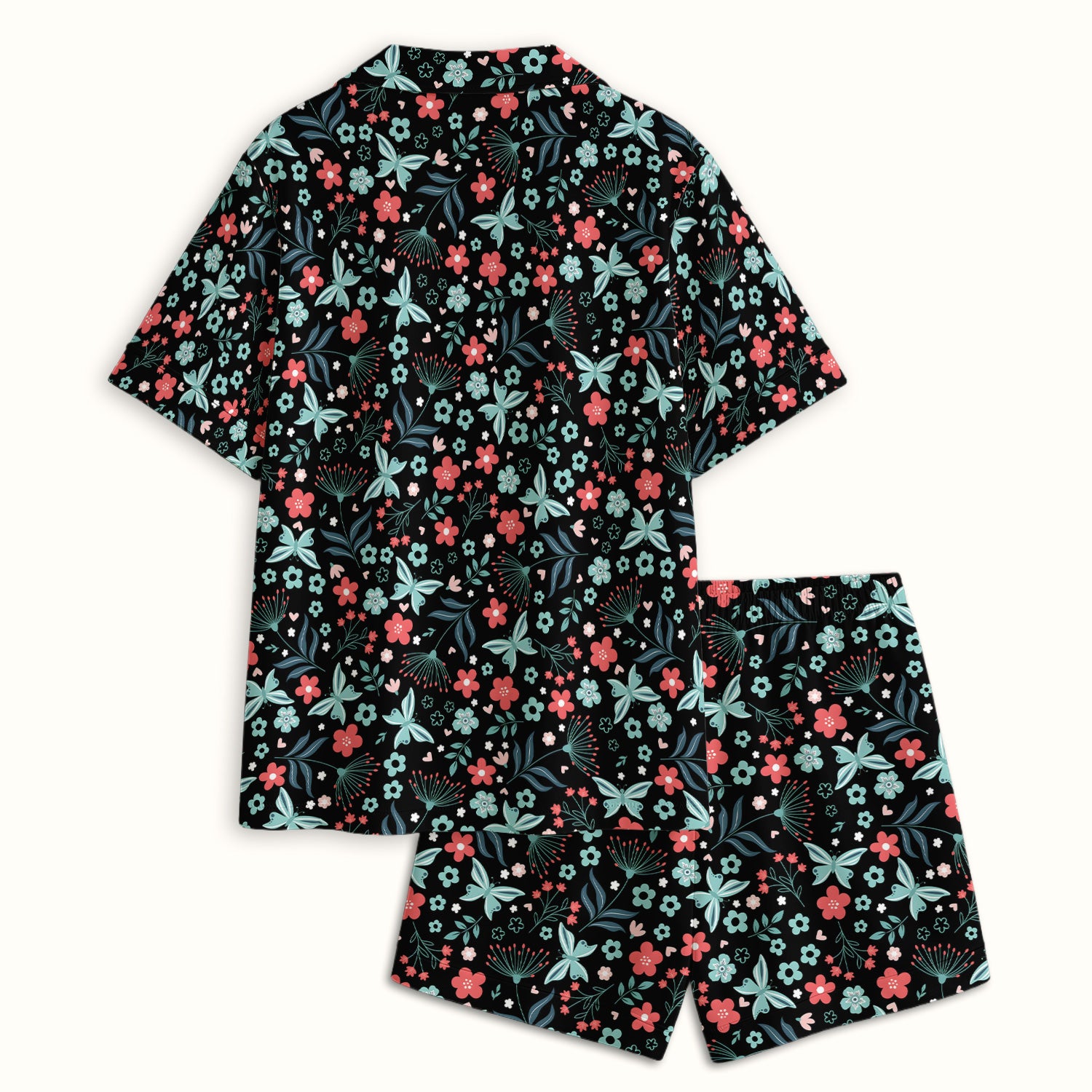 Cute Floral Butterfly Garden Print Pajama Set, Soft Breathable Fabric Comfortable Sleepwear