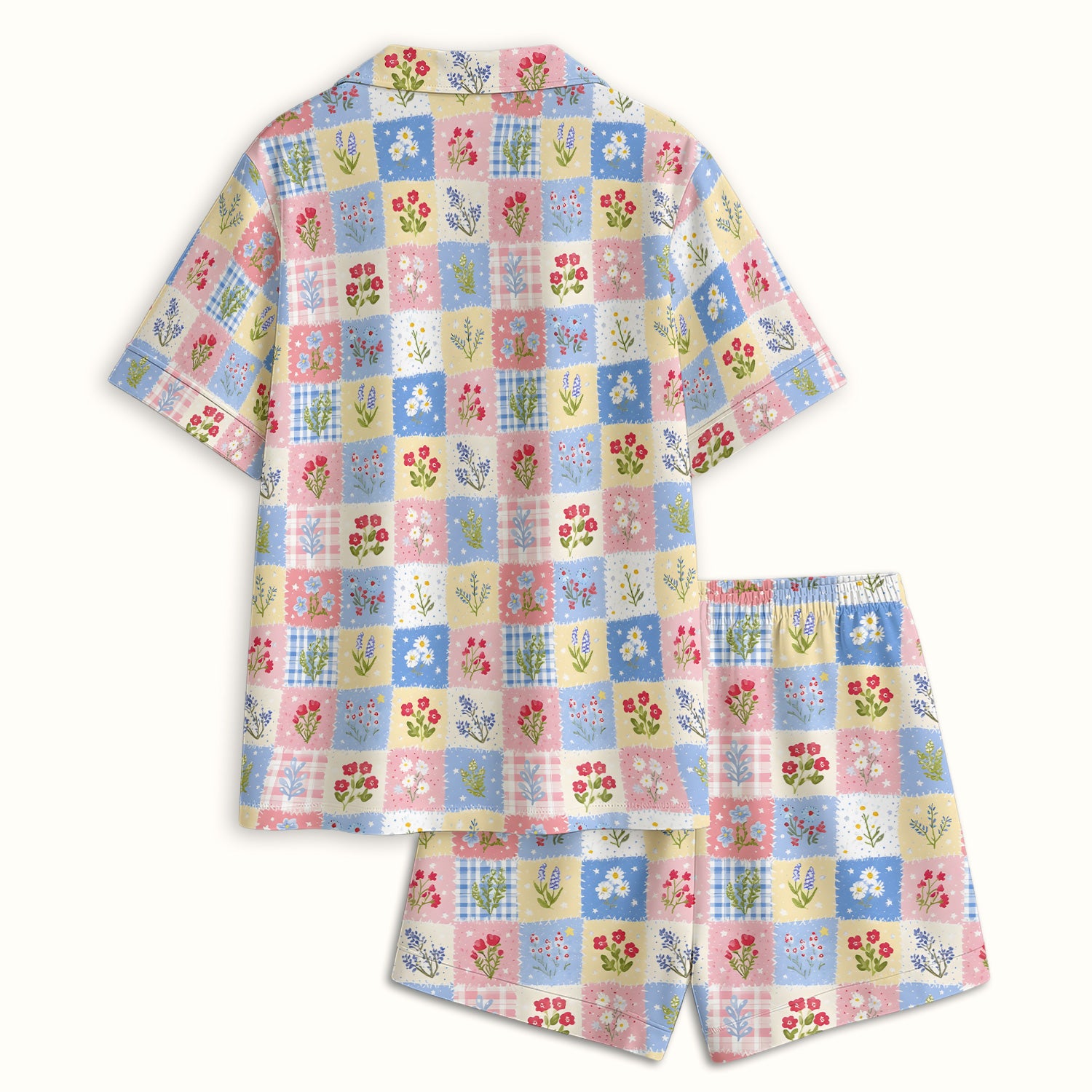 Pastel Patchwork Wildflower Garden Print Pajama Set, Soft Breathable Fabric Comfortable Sleepwear