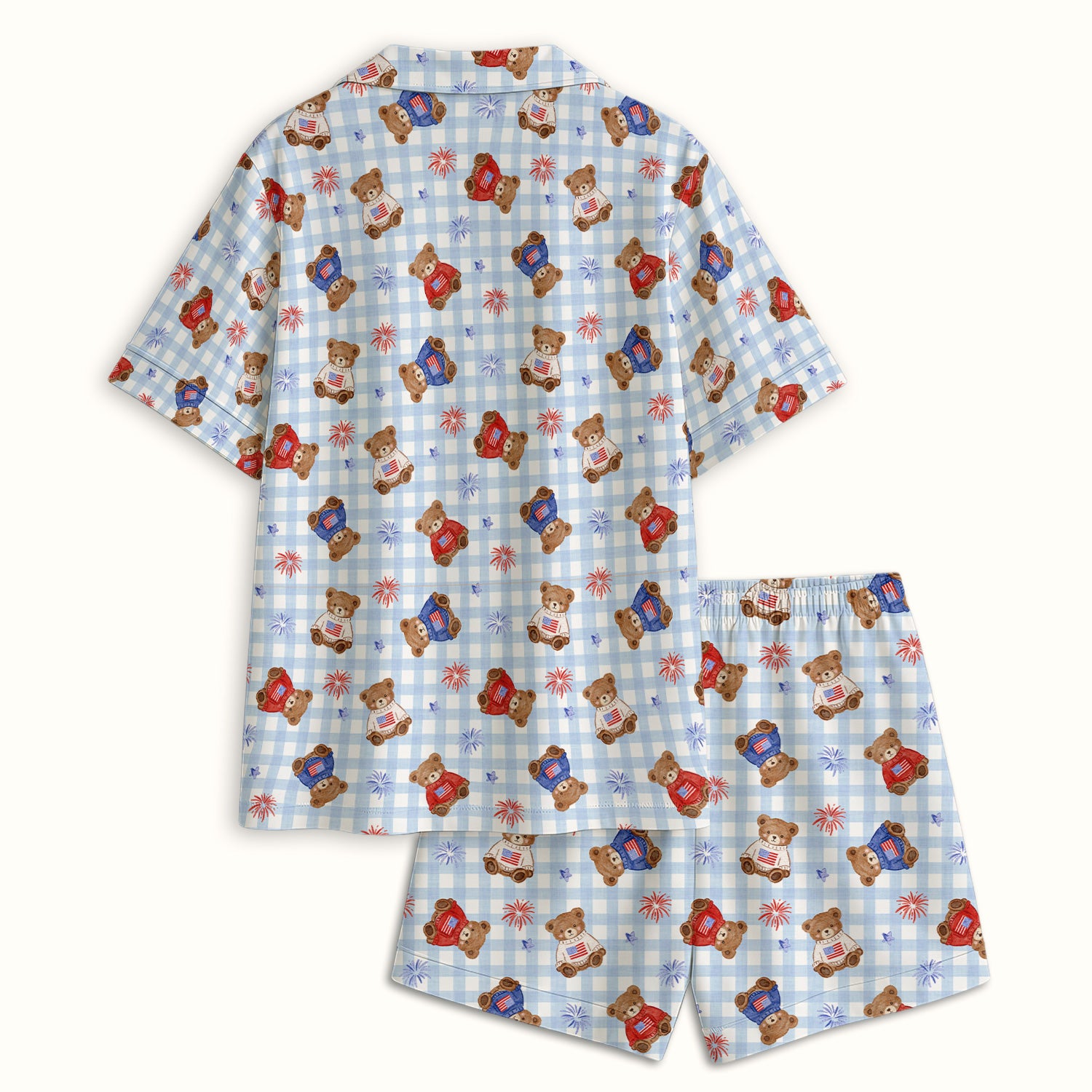 Cute Patriotic Teddy Bear Firework Gingham Pattern Pajama Set, Soft Breathable Fabric Comfortable Sleepwear