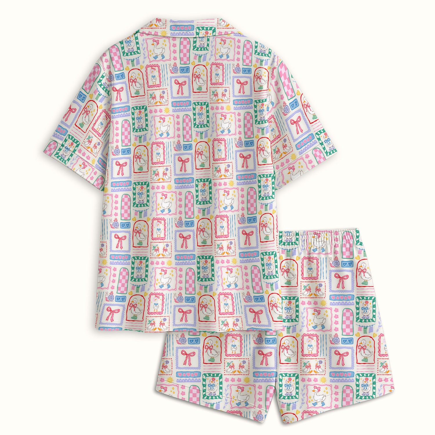 Adorable Nurse Goose Ribbon Patchwork Frame Pattern Pajama Set, Soft Breathable Fabric Comfortable Sleepwear