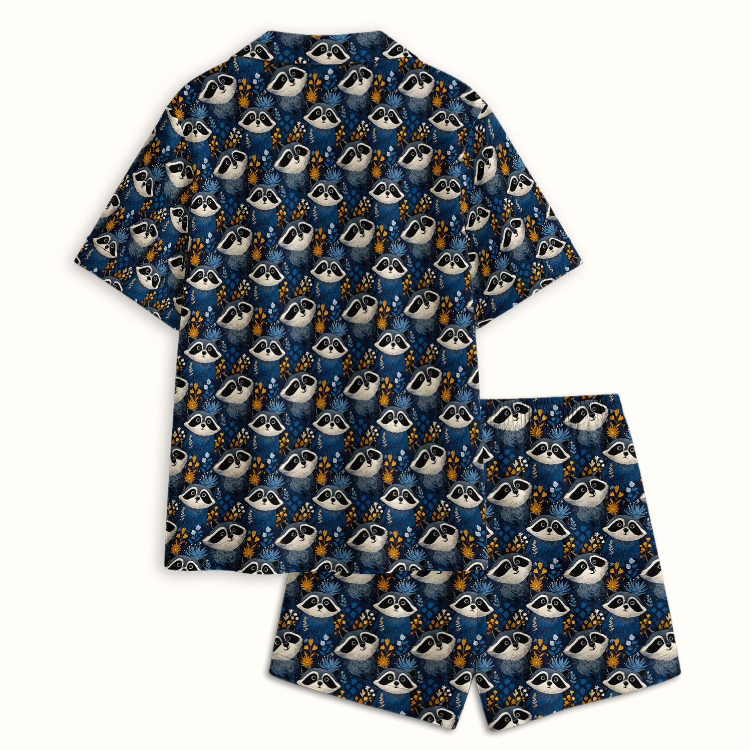 Raccoon With Blue Floral Forest Pattern Pajama Set, Breathable Fabrics Uniform