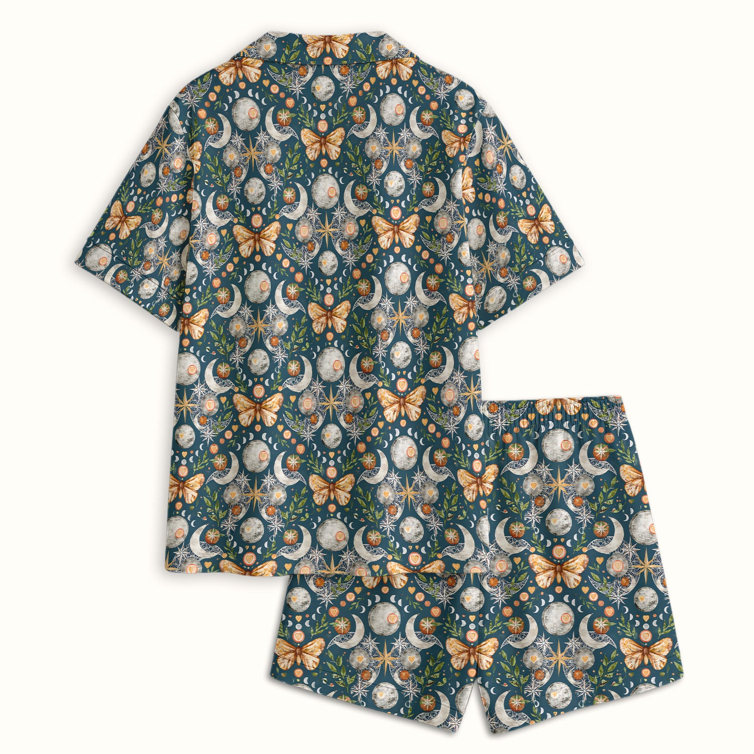 Celestial Butterfly Moonlight Pattern Pajama Set, Soft Breathable Fabric Comfortable Sleepwear