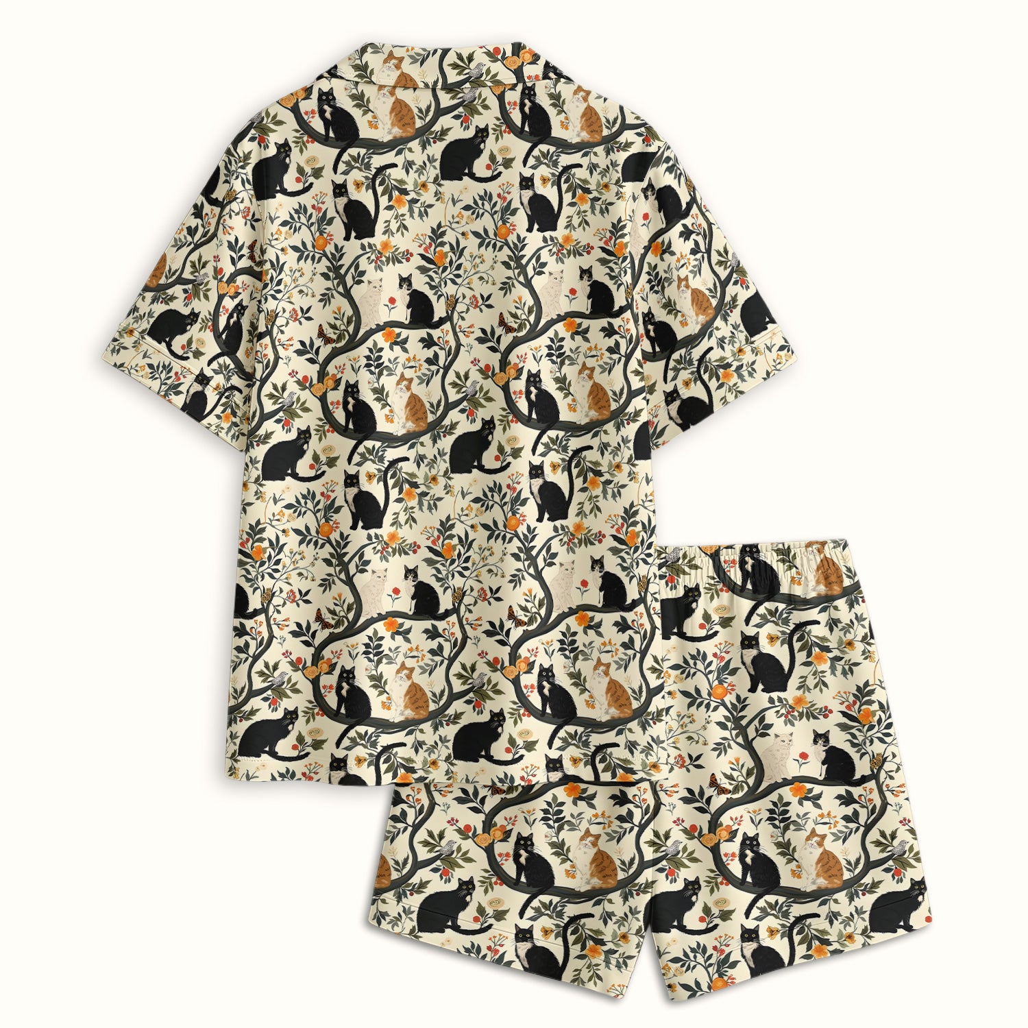 Vintage Black Cat Floral Pattern Pajama Set, Soft Breathable Fabric Comfortable Sleepwear