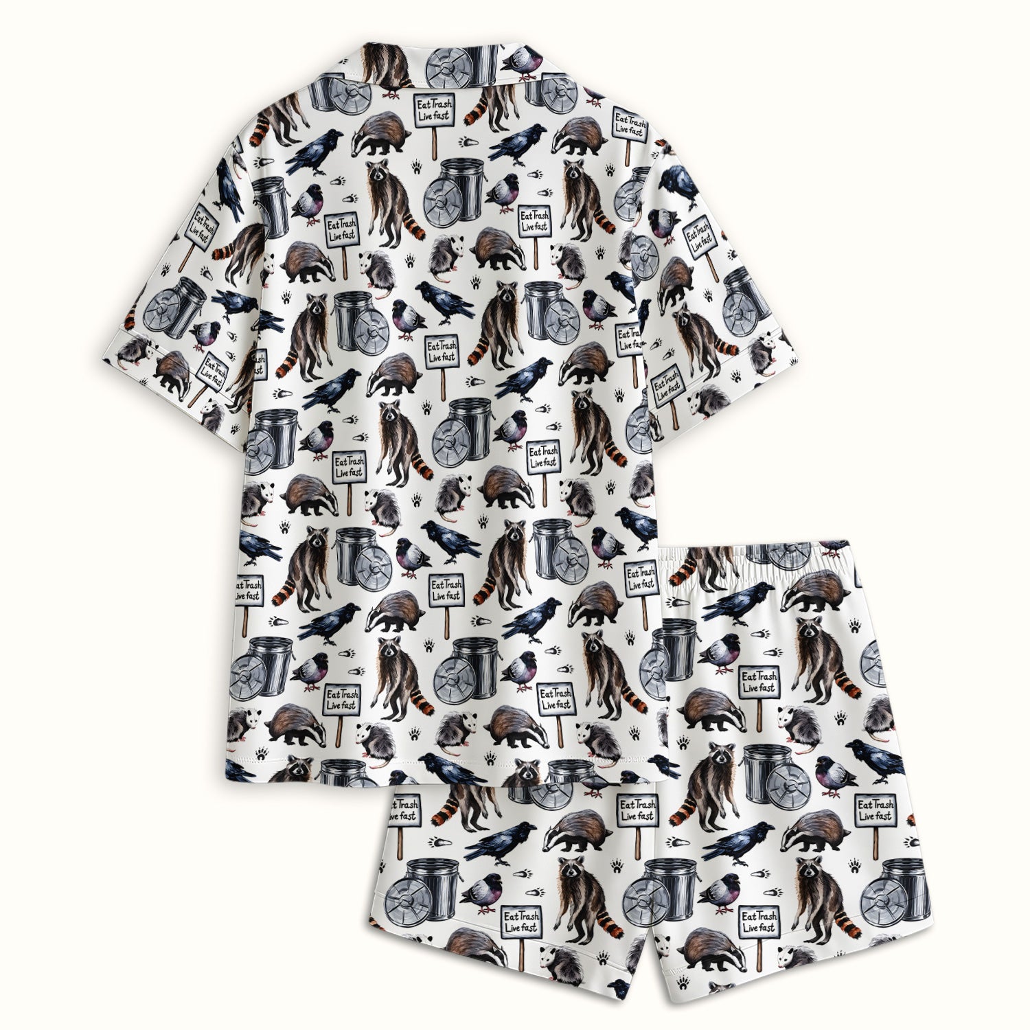 Raccoon And Opossum Eat Trash Live Fast Pattern Pajama Set, Breathable Fabrics Uniform