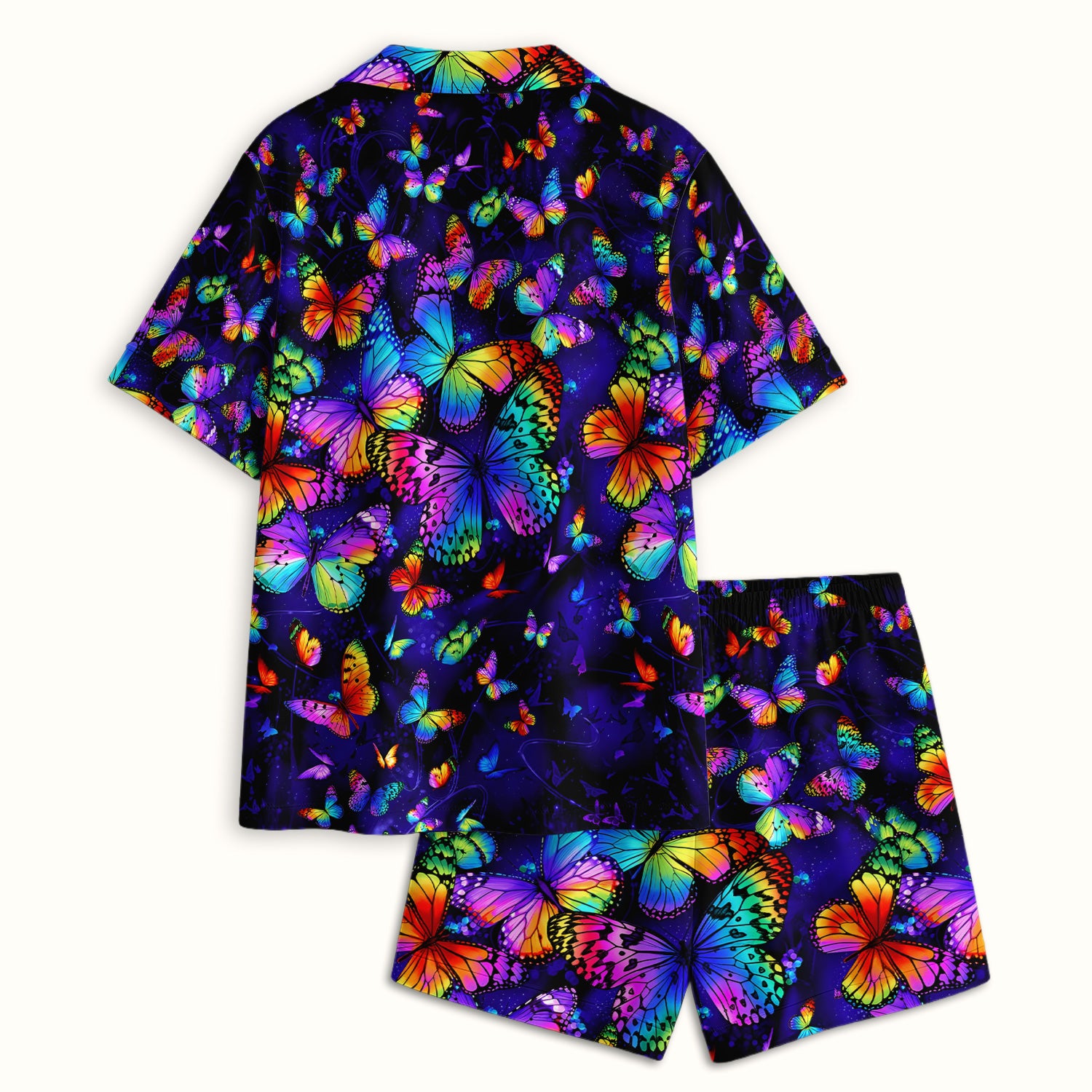 Vibrant Rainbow Butterfly Galaxy Pattern Pajama Set, Soft Breathable Fabric Comfortable Sleepwear