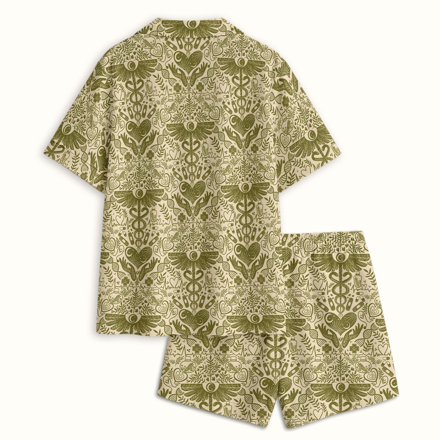 Inspirational Botanical Medical Caduceus Heart Nurse Pattern Pajama Set, Breathable Fabrics Uniform