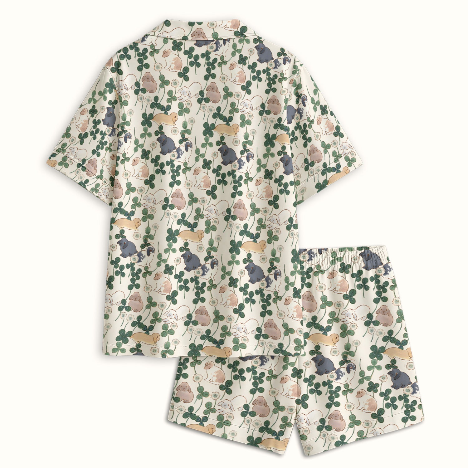 Cute Bunny Clover Garden Meadow Pattern Nurse Pajama Set, Soft Breathable Fabric Comfortable Sleepwear