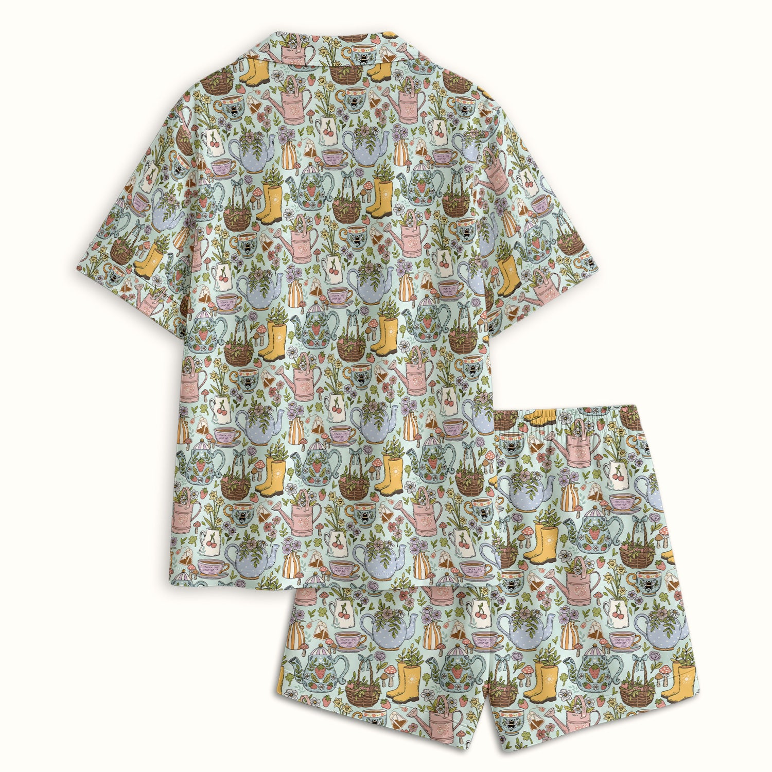 Garden Tea Party Floral Print Pajama Set, Soft Breathable Fabric Comfortable Sleepwear