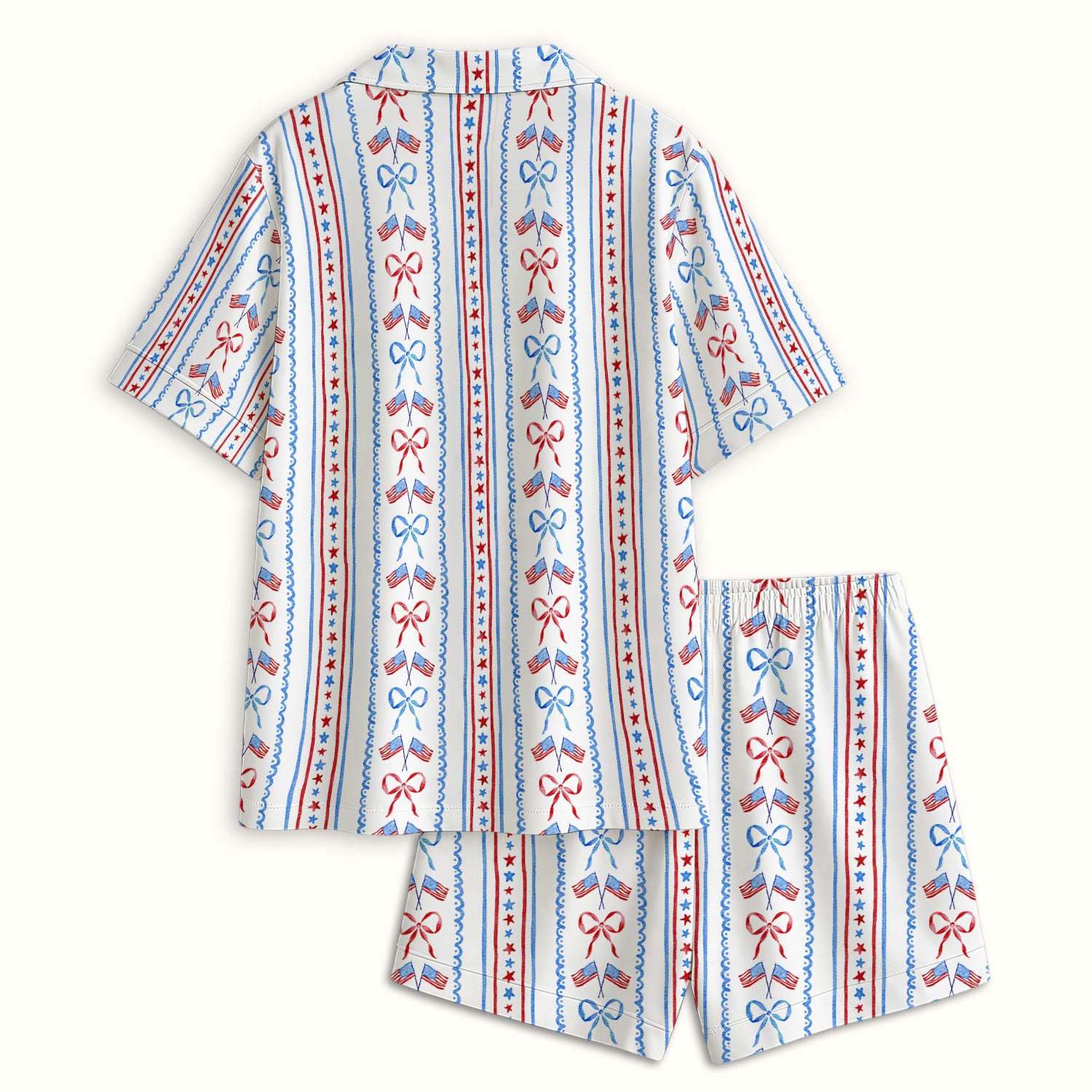 Patriotic USA Flag Bow Stripe Pattern Pajama Set, Soft Breathable Fabric Comfortable Sleepwear