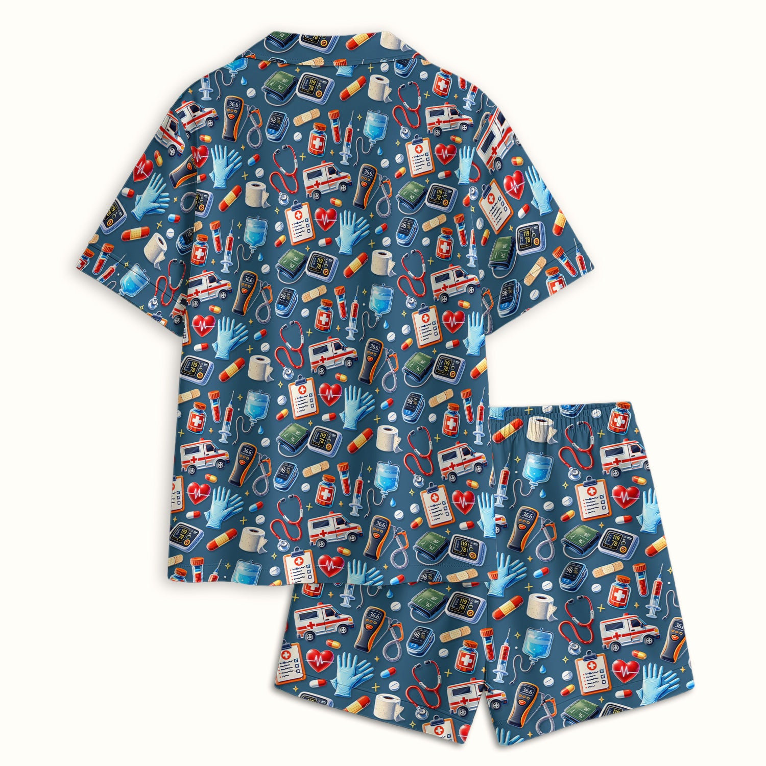 Medical Tools Pattern Ambulance Stethoscope Pajama Set, Breathable Fabrics Uniform
