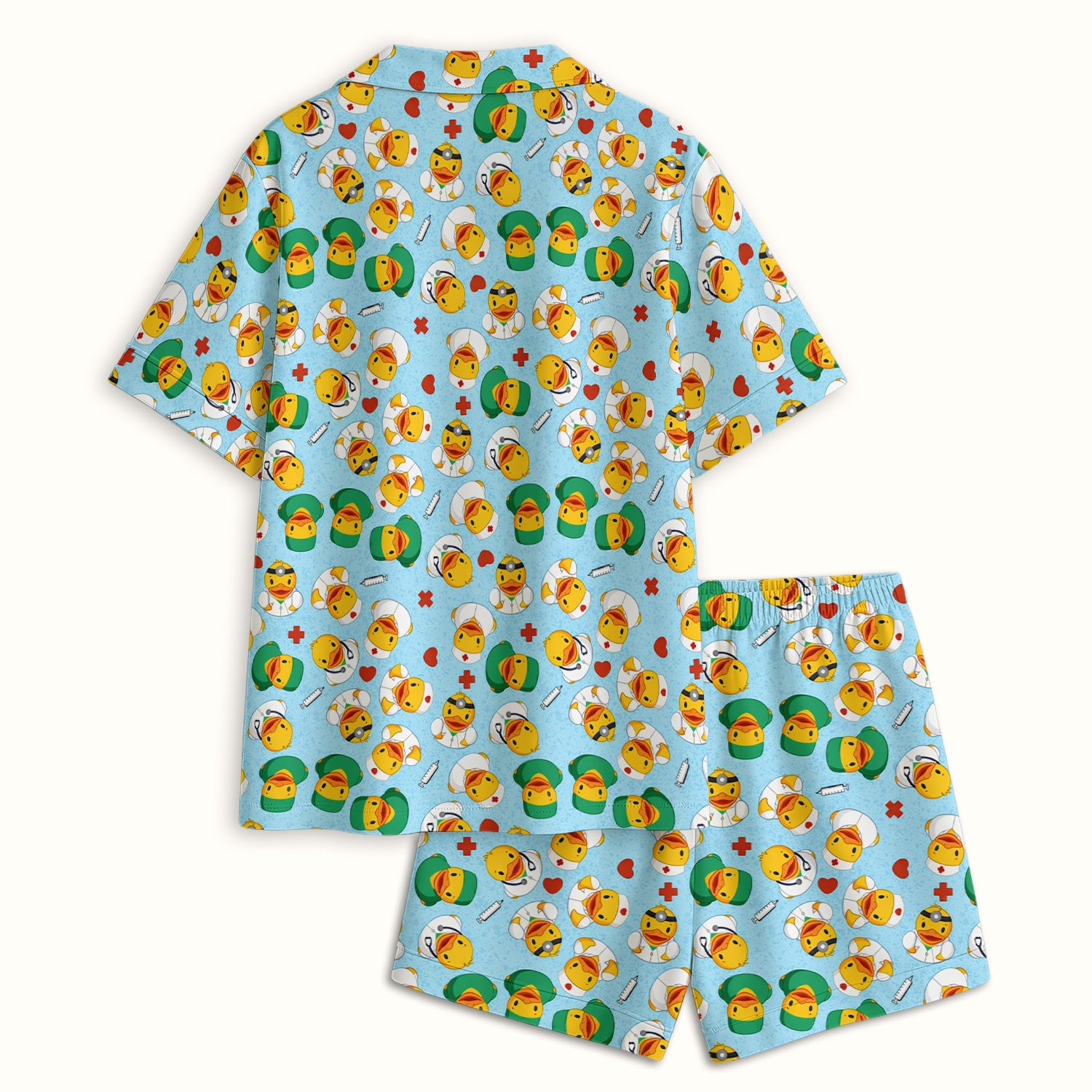 Duck Doctor Cartoon Pattern Pajama Set, Breathable Fabrics Uniform