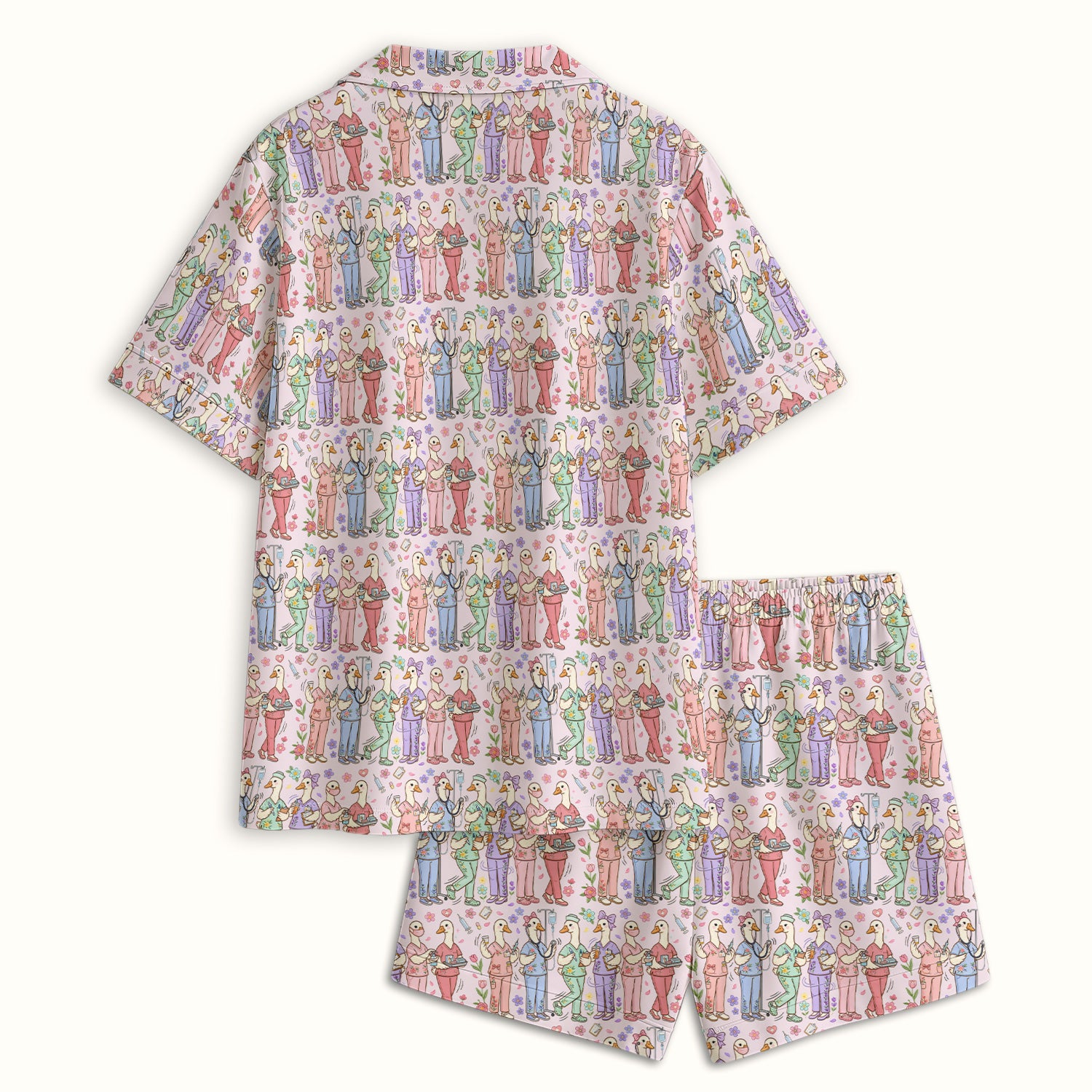 Goose Characters Floral Medical Team Uniform Pattern Pajama Set, Breathable Fabrics Uniform