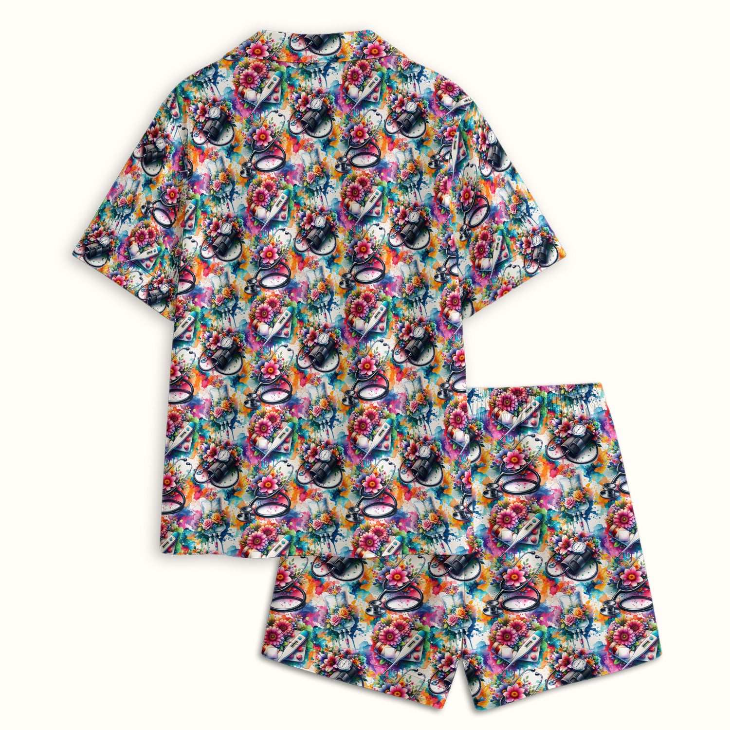 Colorful Medical Tools Floral Pattern Pajama Set, Soft Breathable Fabric Comfortable Sleepwear