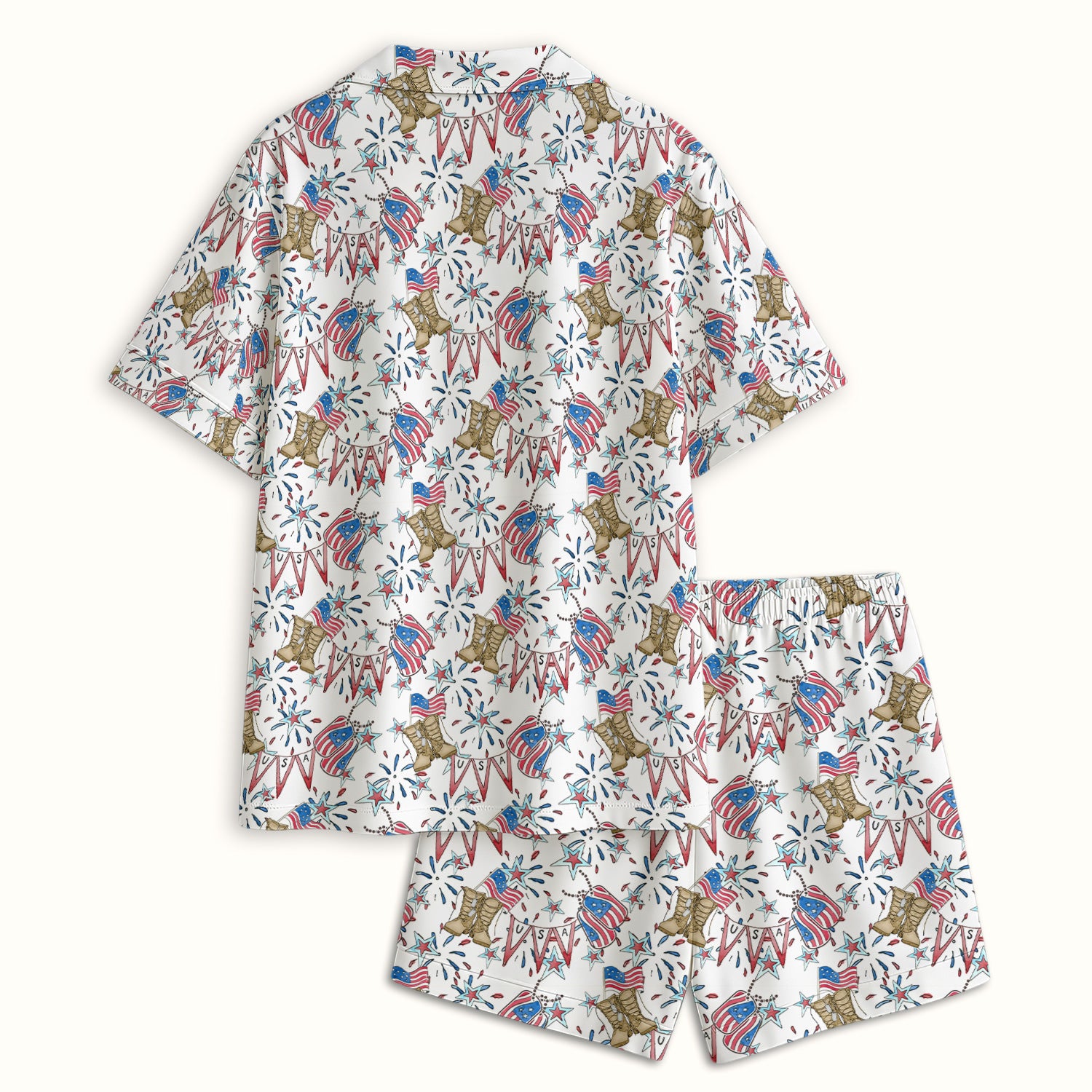 USA Boots Banner Pattern Pajama Set, Soft Breathable Fabric Comfortable Sleepwear