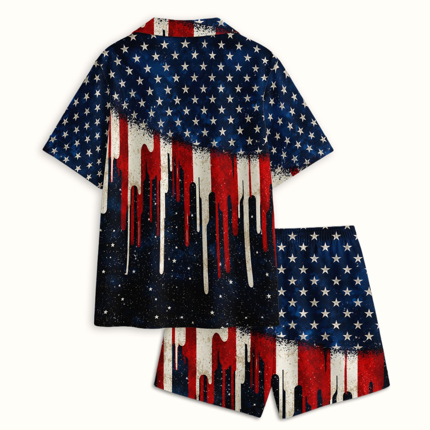 Festive Patriotic Dripping Flag Pattern Pajama Set, Soft Breathable Fabric Comfortable Sleepwear