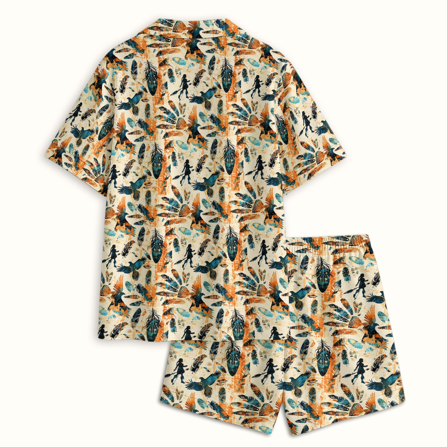 Feather Birds Tribal Print Pajama Set, Soft Breathable Fabric Comfortable Sleepwear